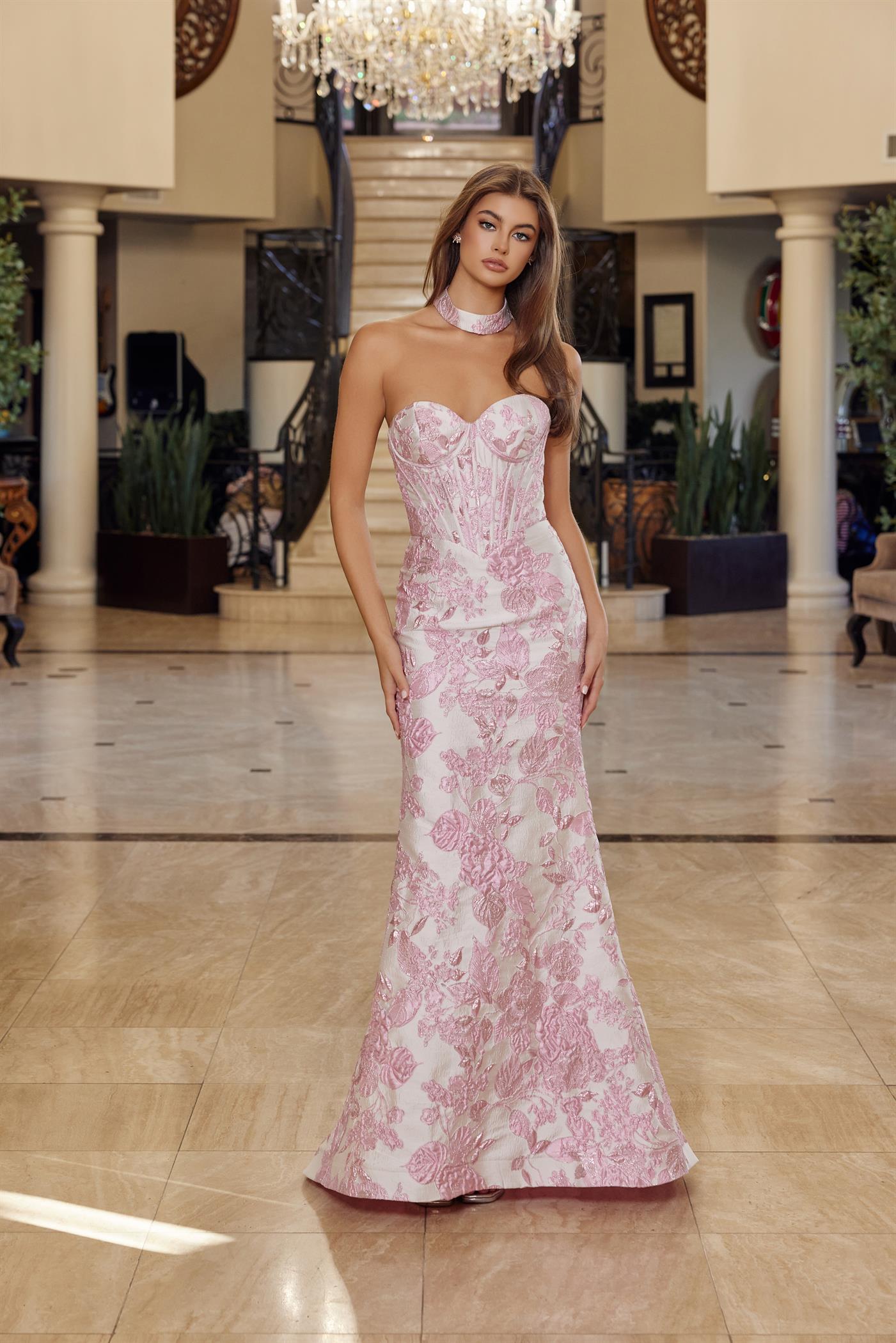 NOX26-T1922 LONG STRAPLESS GOWN TRUMPET SILHOUETTE MATCHING CHOKER