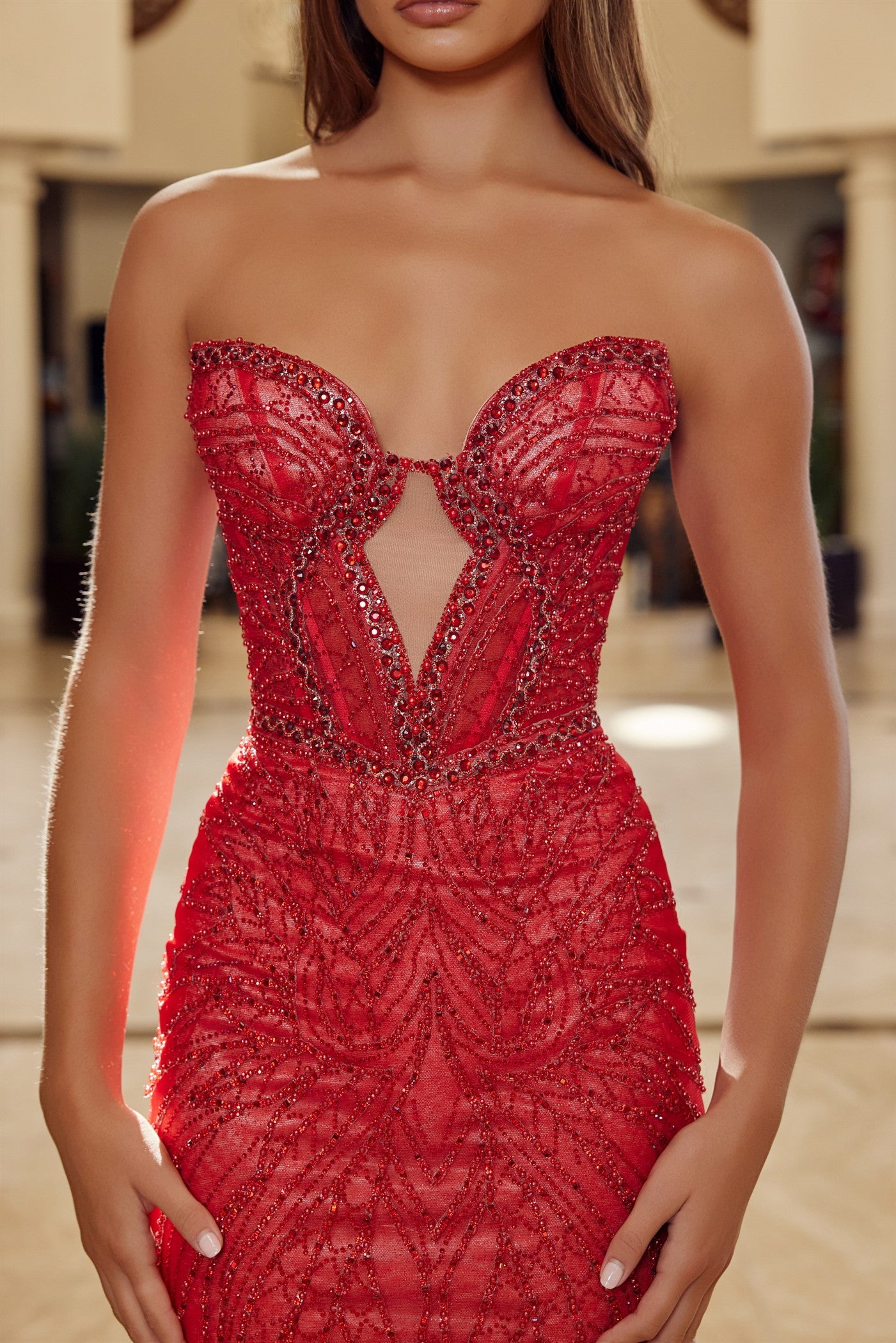NOX26-C1848 FITTED BEADED TULLE STRAPLESS KEYHOLE BODICE LACE UP CLOSURE