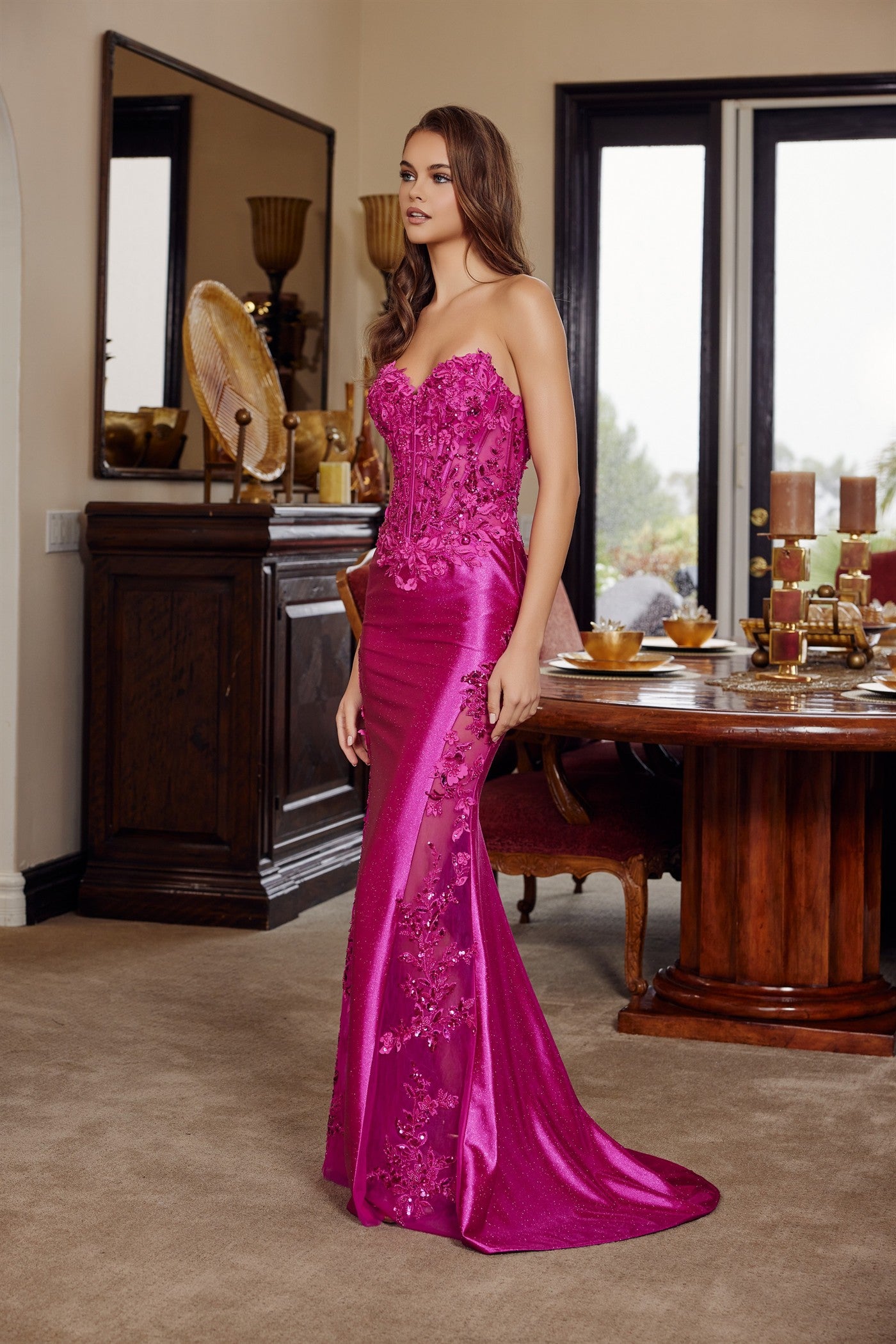 NOX26-E1894 SATIN STRAPLESS SHEER ILLUSION CUTOUTS FROM HIPS TO HEM