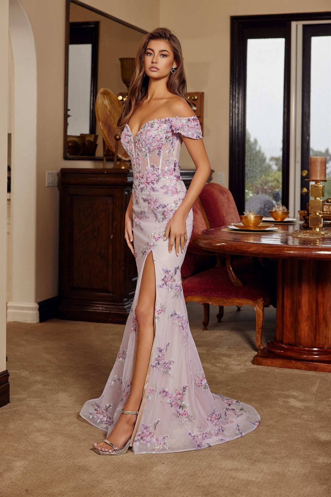 NOX26-C1829 OFF SHOULDER SILHOUETTE EMBROIDERED BODICE THIGH HIGH SLIT