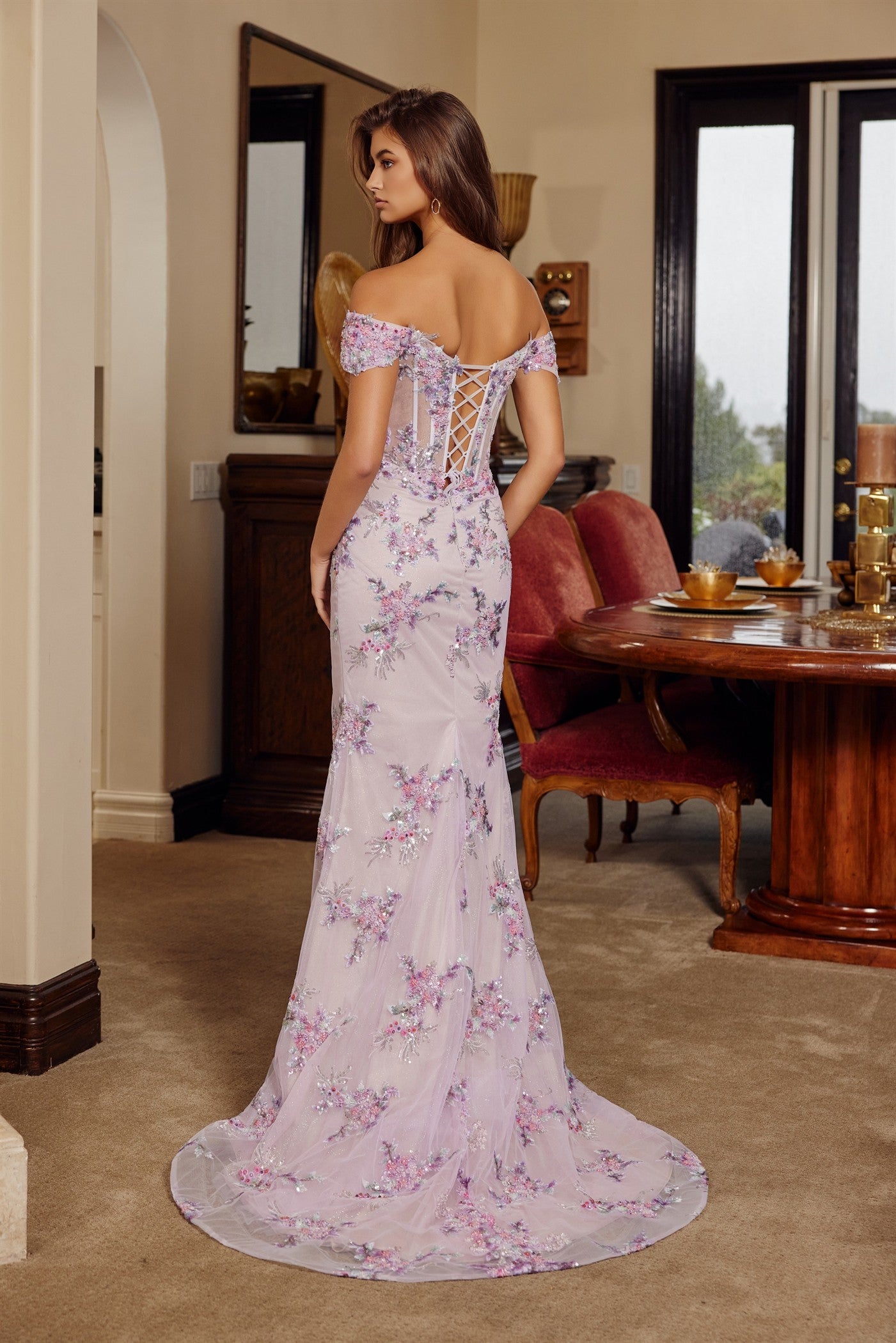 NOX26-C1829 OFF SHOULDER SILHOUETTE EMBROIDERED BODICE THIGH HIGH SLIT
