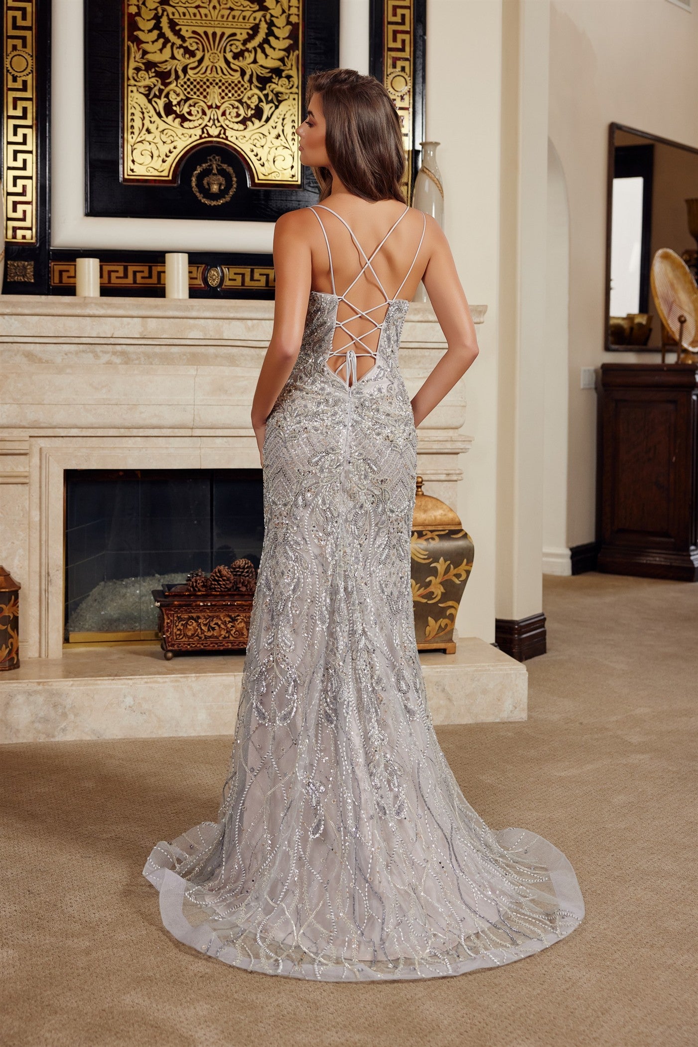 NOX26-C1834 FITTED BEADED EMBELLISHMENTS PEAKED NECKLINE THIGH HIGH SLIT