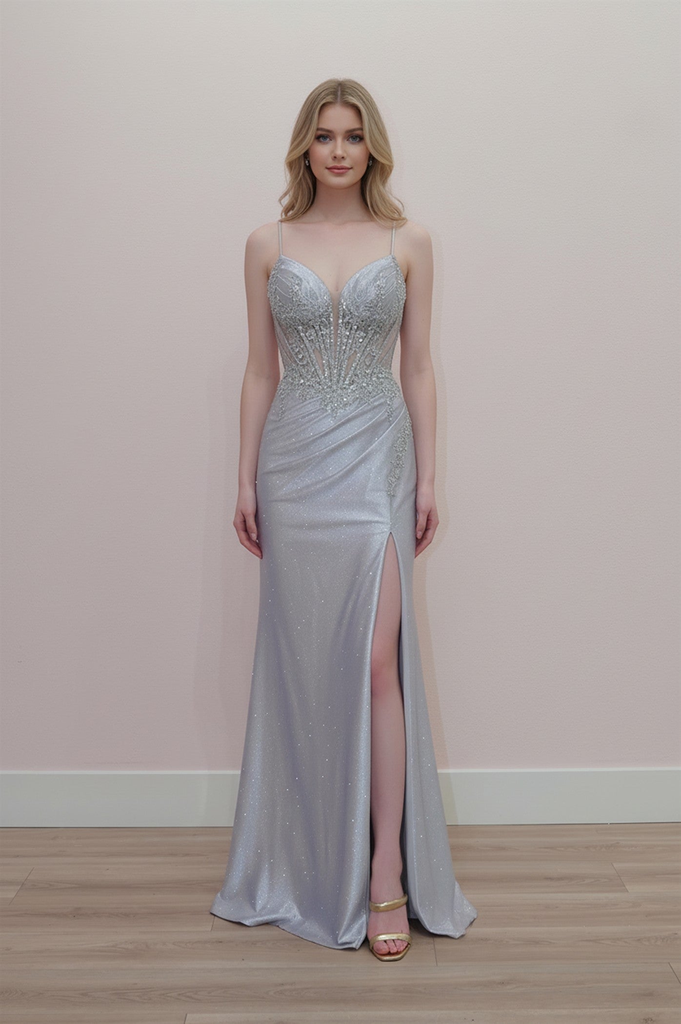 NOX26-D1768 PLUNGING V NECKLINE SHINY ABEADED SEQUINED APPLIQUE BODICE