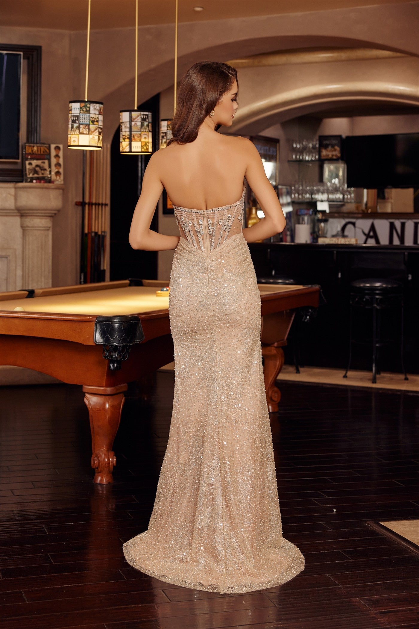 NOX26-G1796 STRAPLESS TULLE MATERIAL FULL SEQUIN DRESS SCOOP BUSTLINE