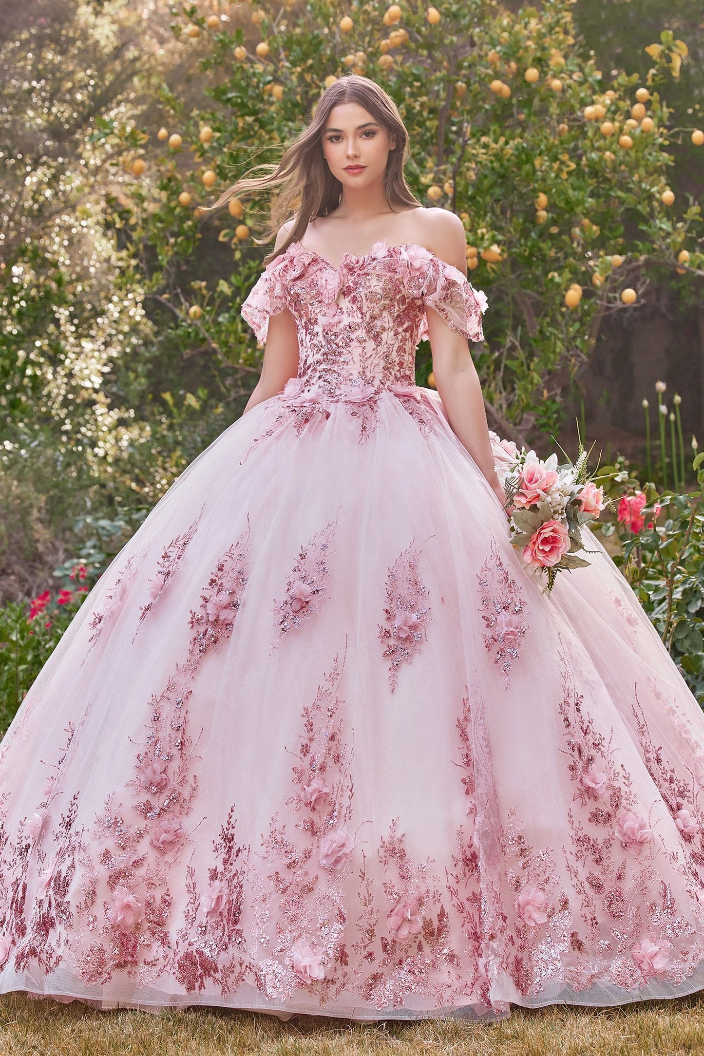 CD24-15701 FLORAL OFF THE SHOULDER QUINCE BALL GOWN