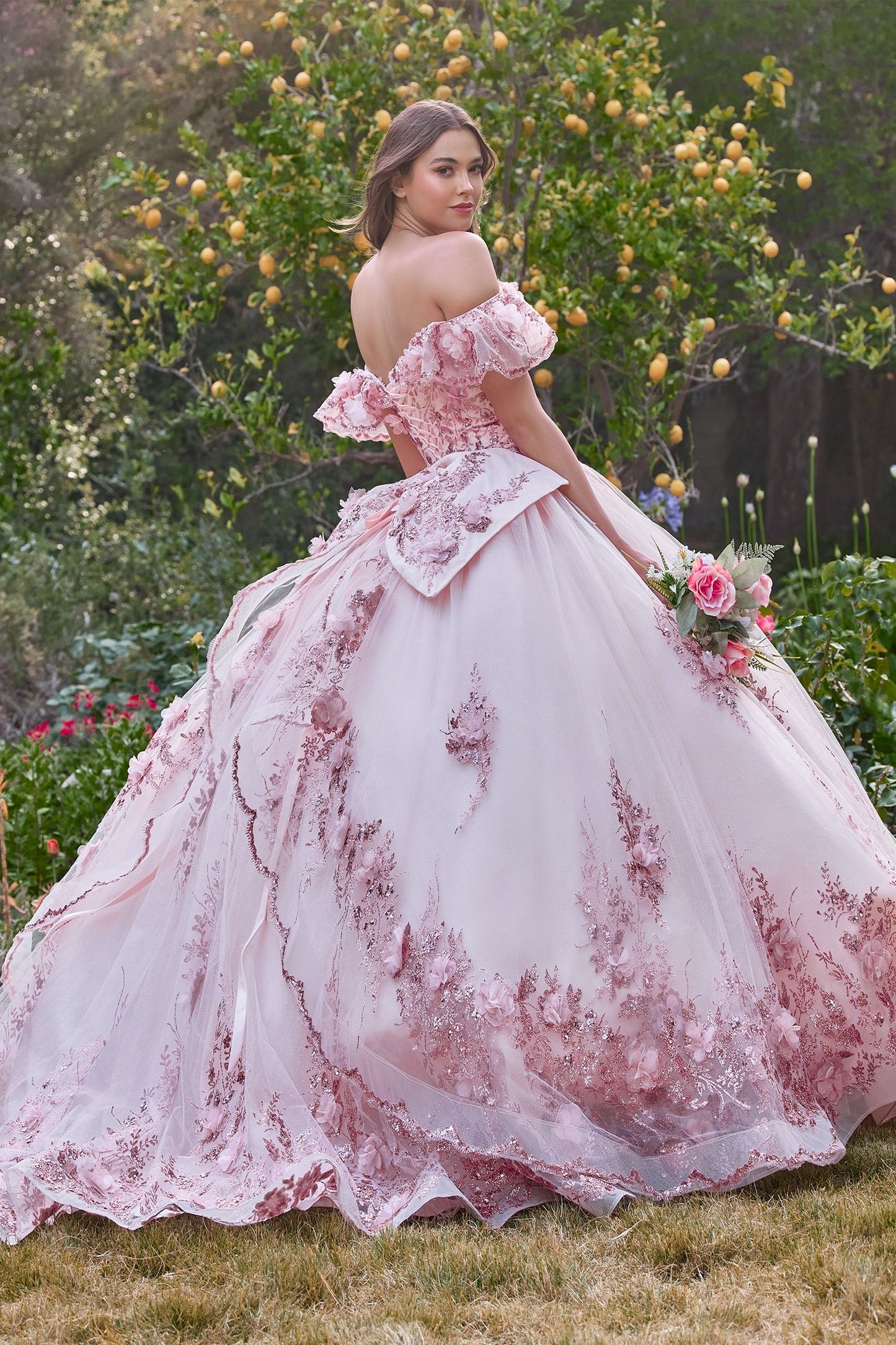 CD24-15701 FLORAL OFF THE SHOULDER QUINCE BALL GOWN