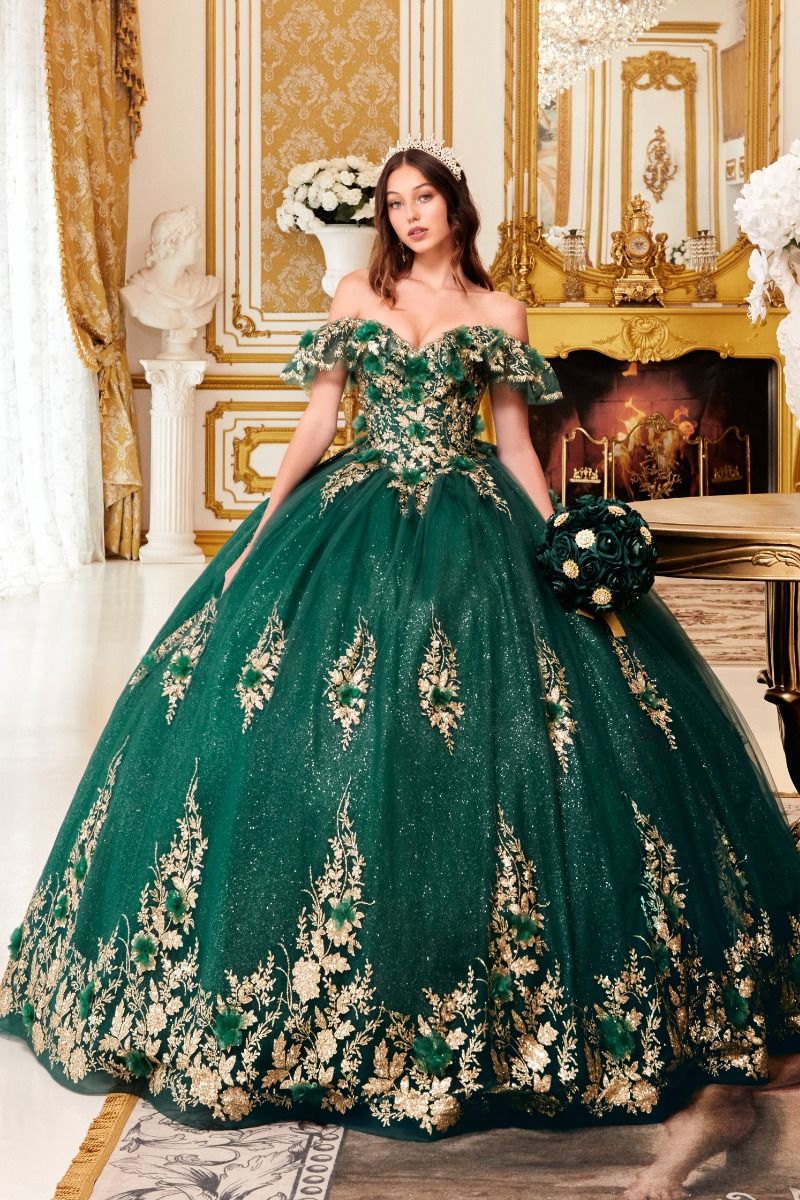 CD24-15701 FLORAL OFF THE SHOULDER QUINCE BALL GOWN