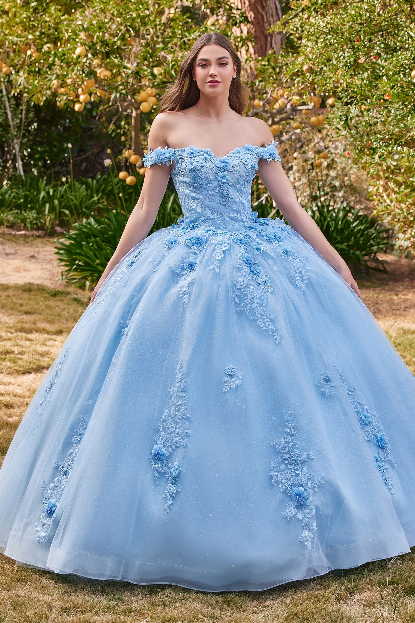 CD24-15702 OFF THE SHOULDER FLORAL QUINCE BALL GOWN