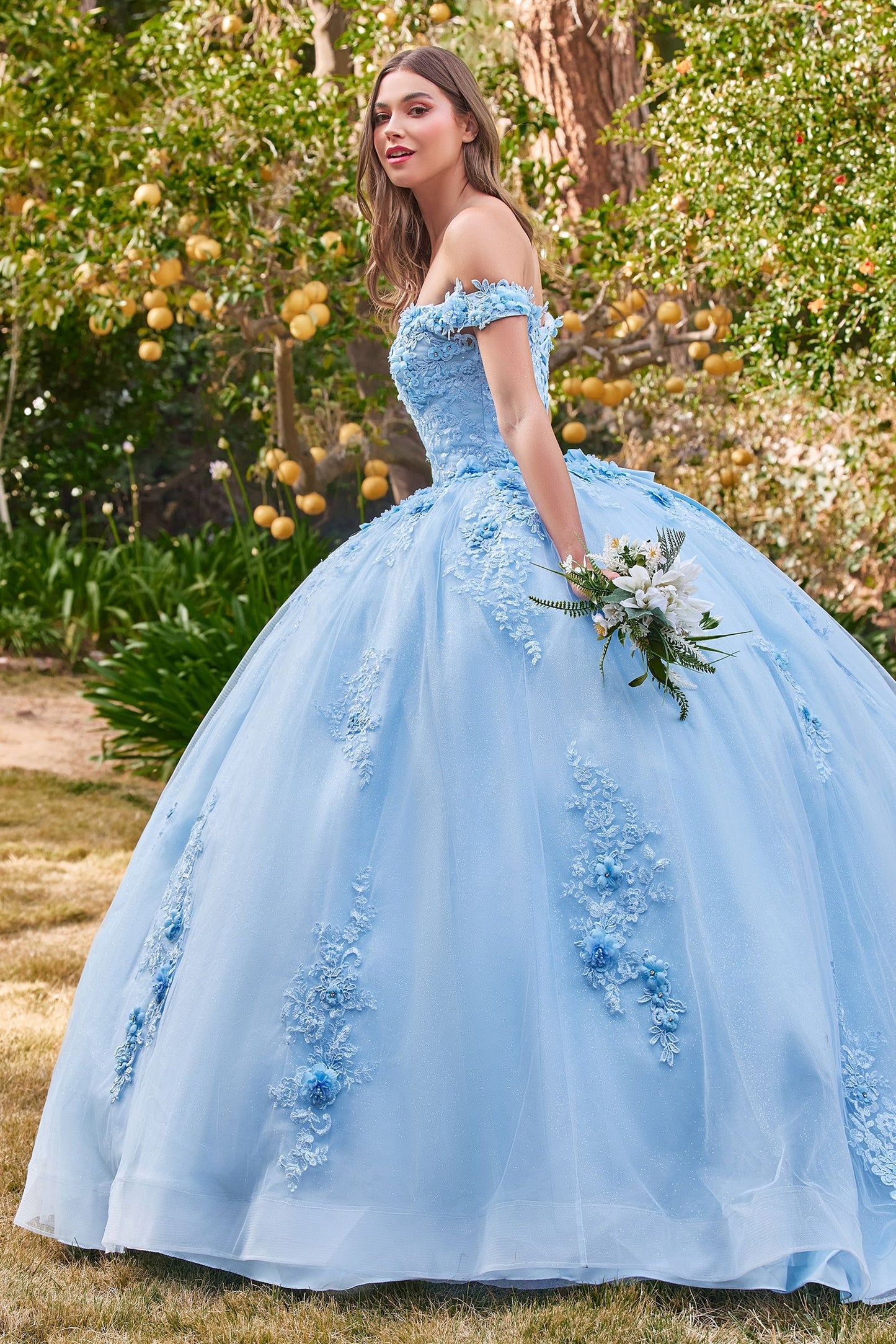 CD24-15702 OFF THE SHOULDER FLORAL QUINCE BALL GOWN