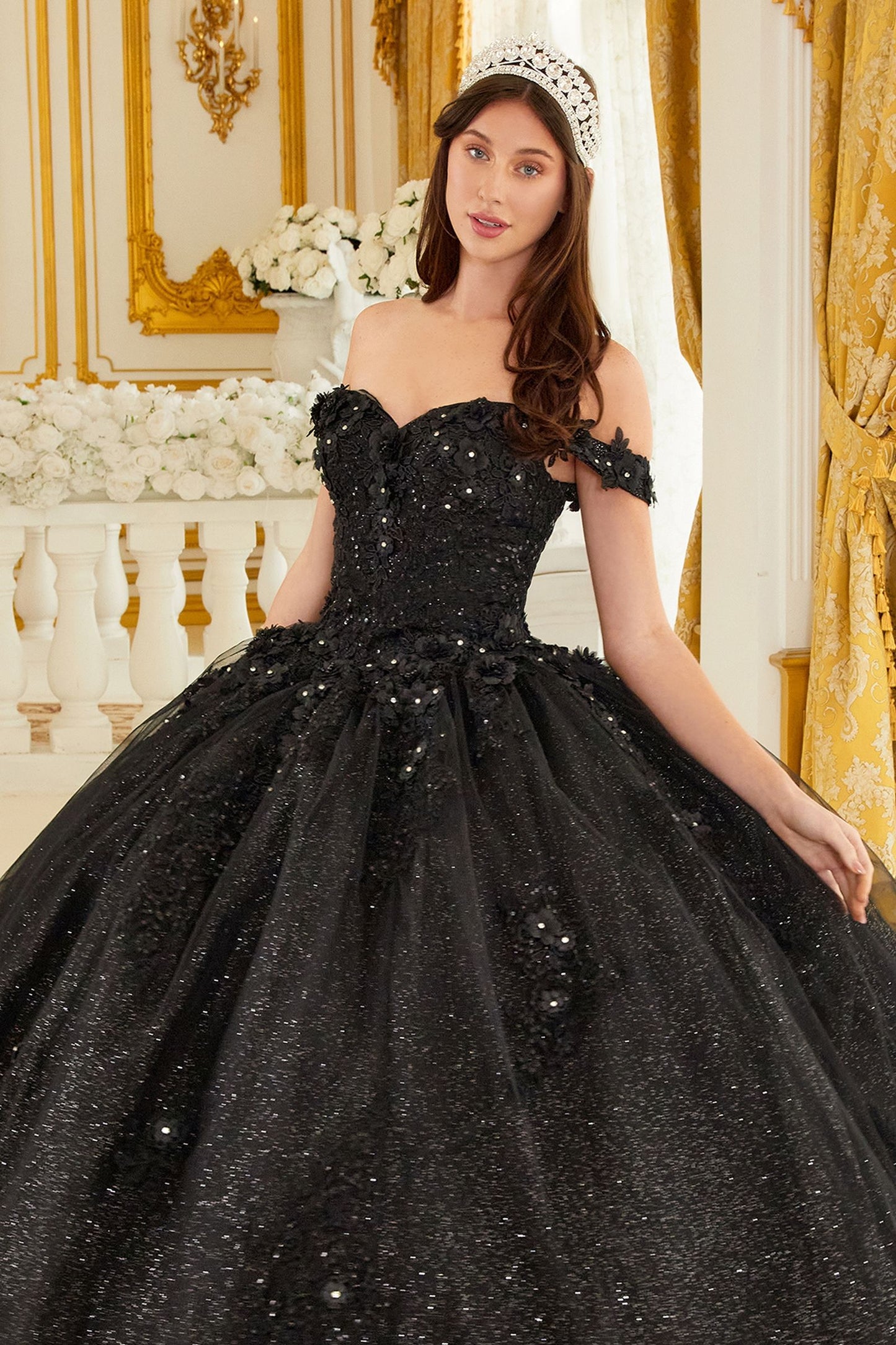 CD24-15702 OFF THE SHOULDER FLORAL QUINCE BALL GOWN