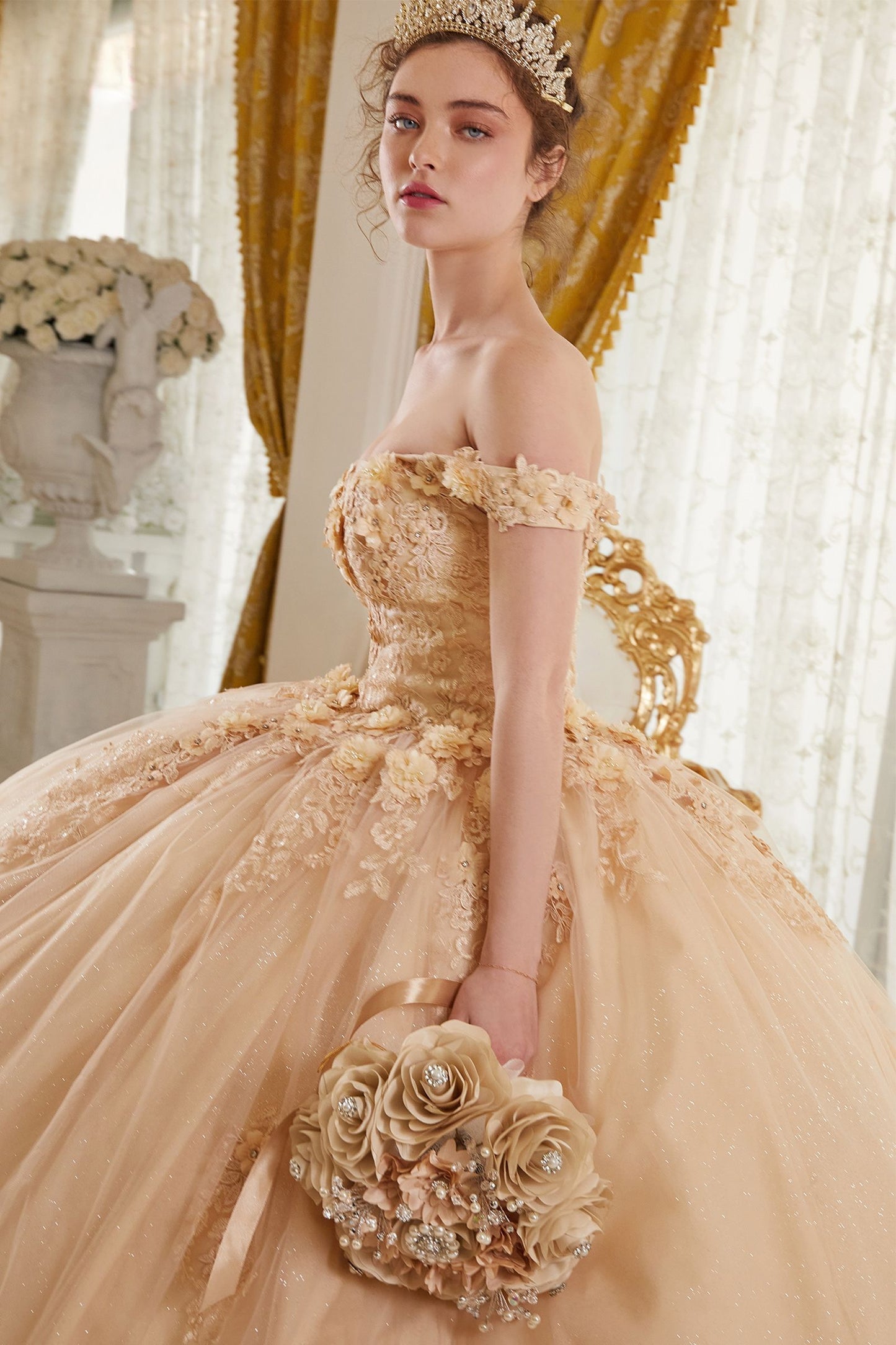 CD24-15702 OFF THE SHOULDER FLORAL QUINCE BALL GOWN