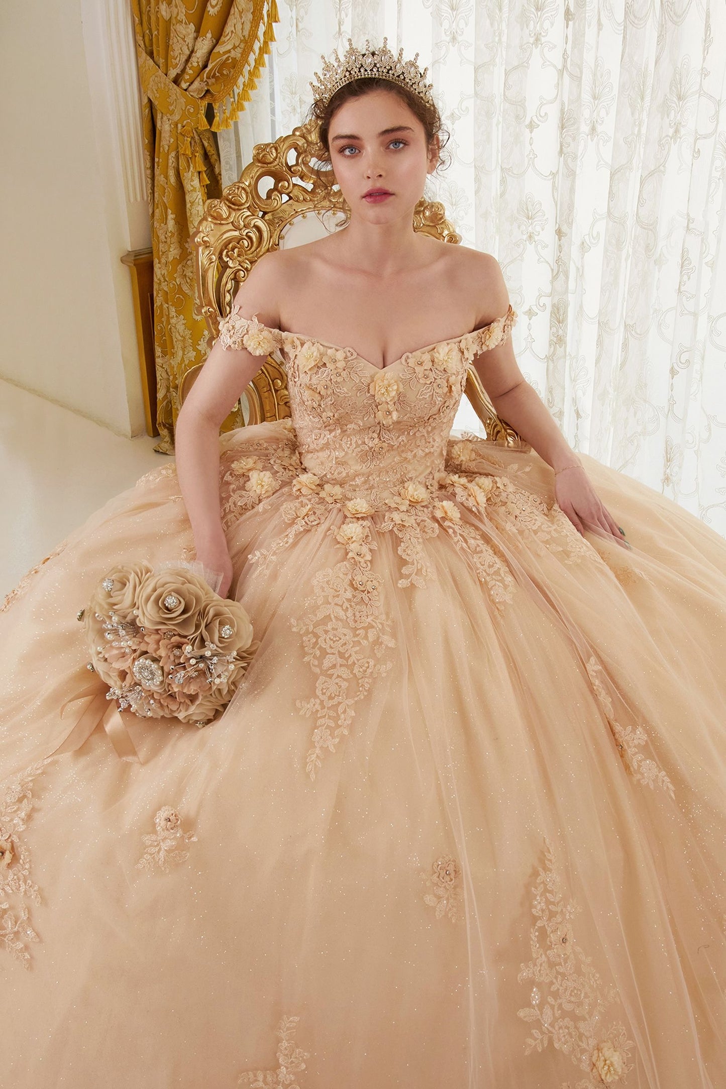 CD24-15702 OFF THE SHOULDER FLORAL QUINCE BALL GOWN