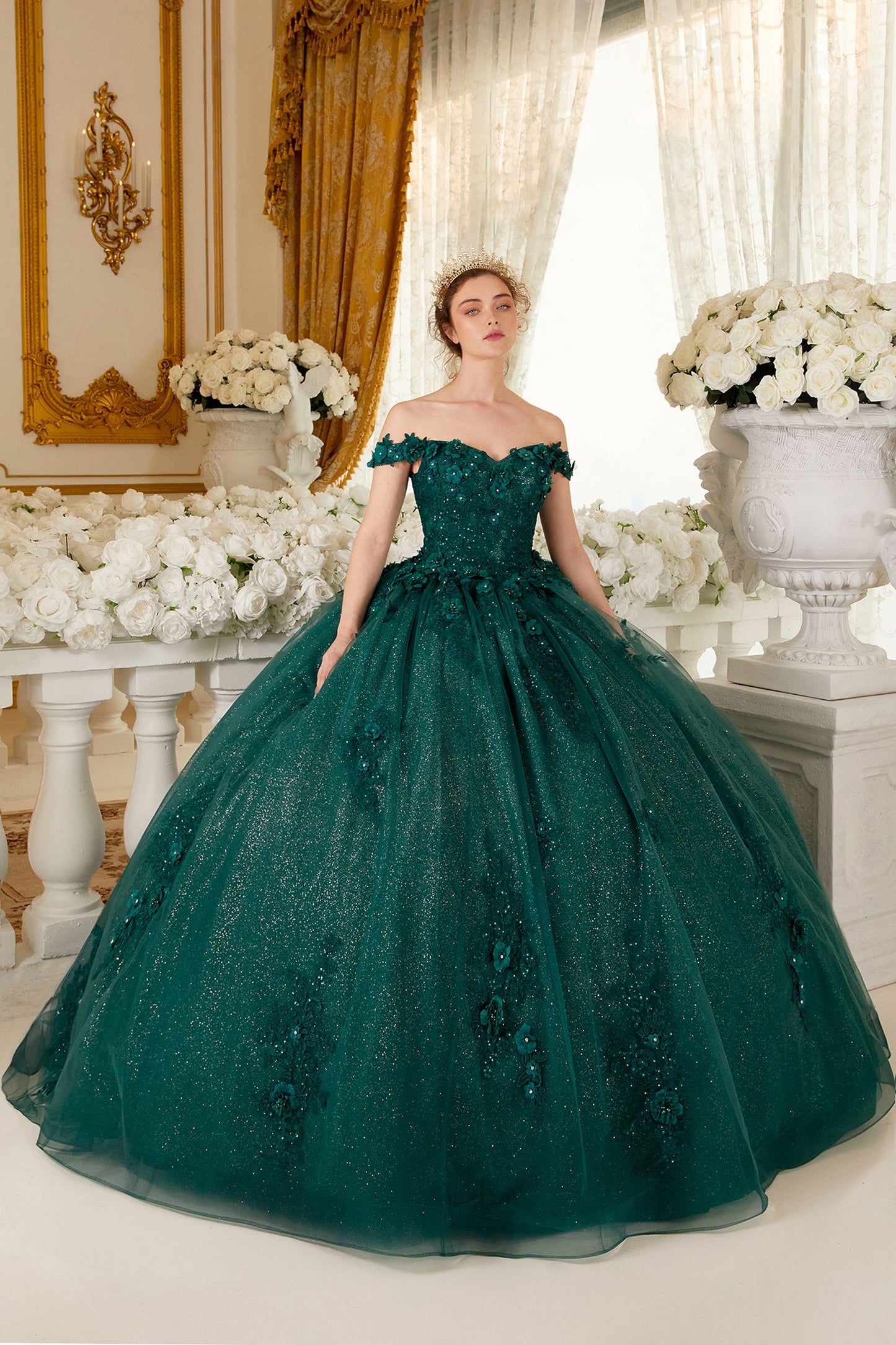 CD24-15702 OFF THE SHOULDER FLORAL QUINCE BALL GOWN