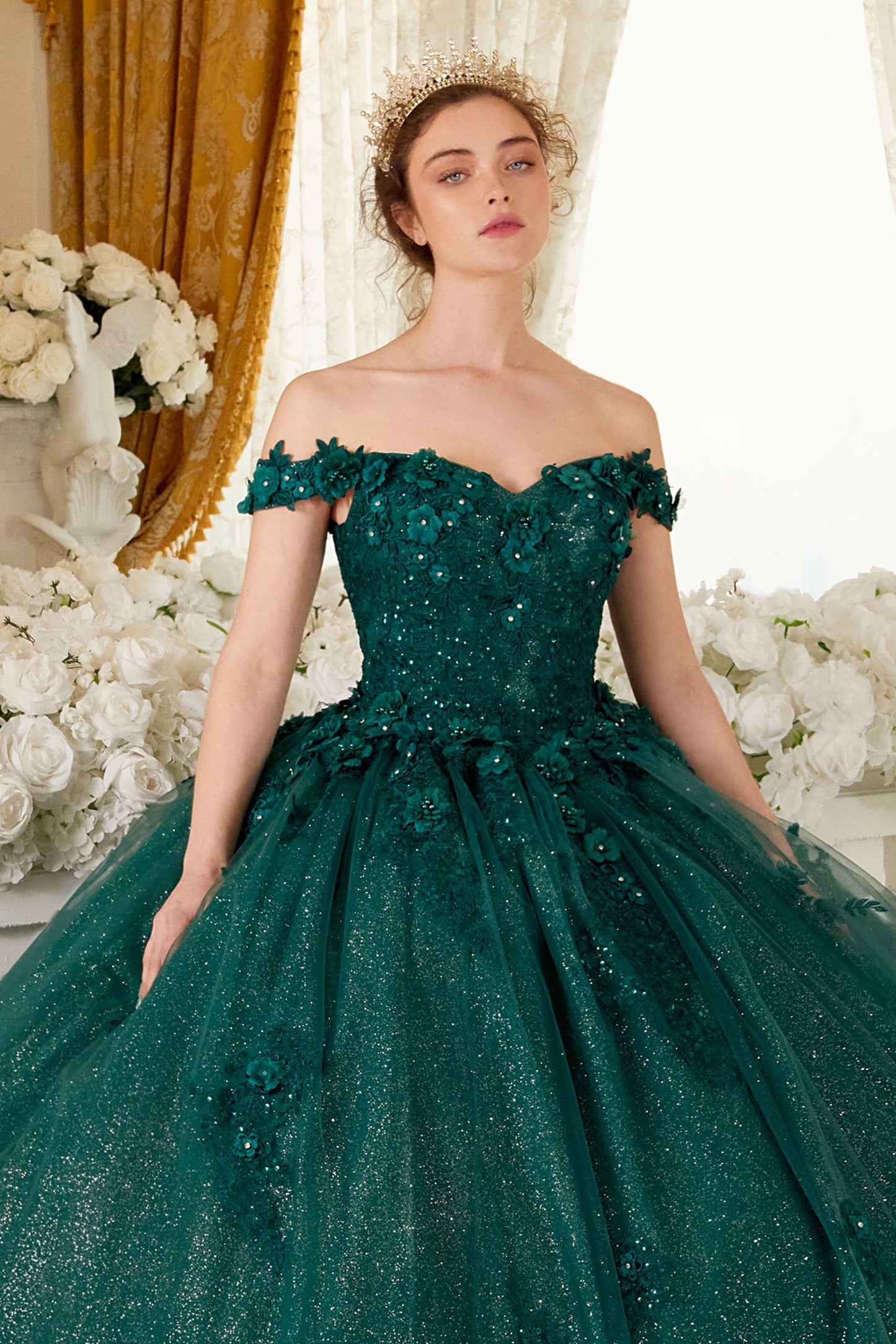 CD24-15702 OFF THE SHOULDER FLORAL QUINCE BALL GOWN