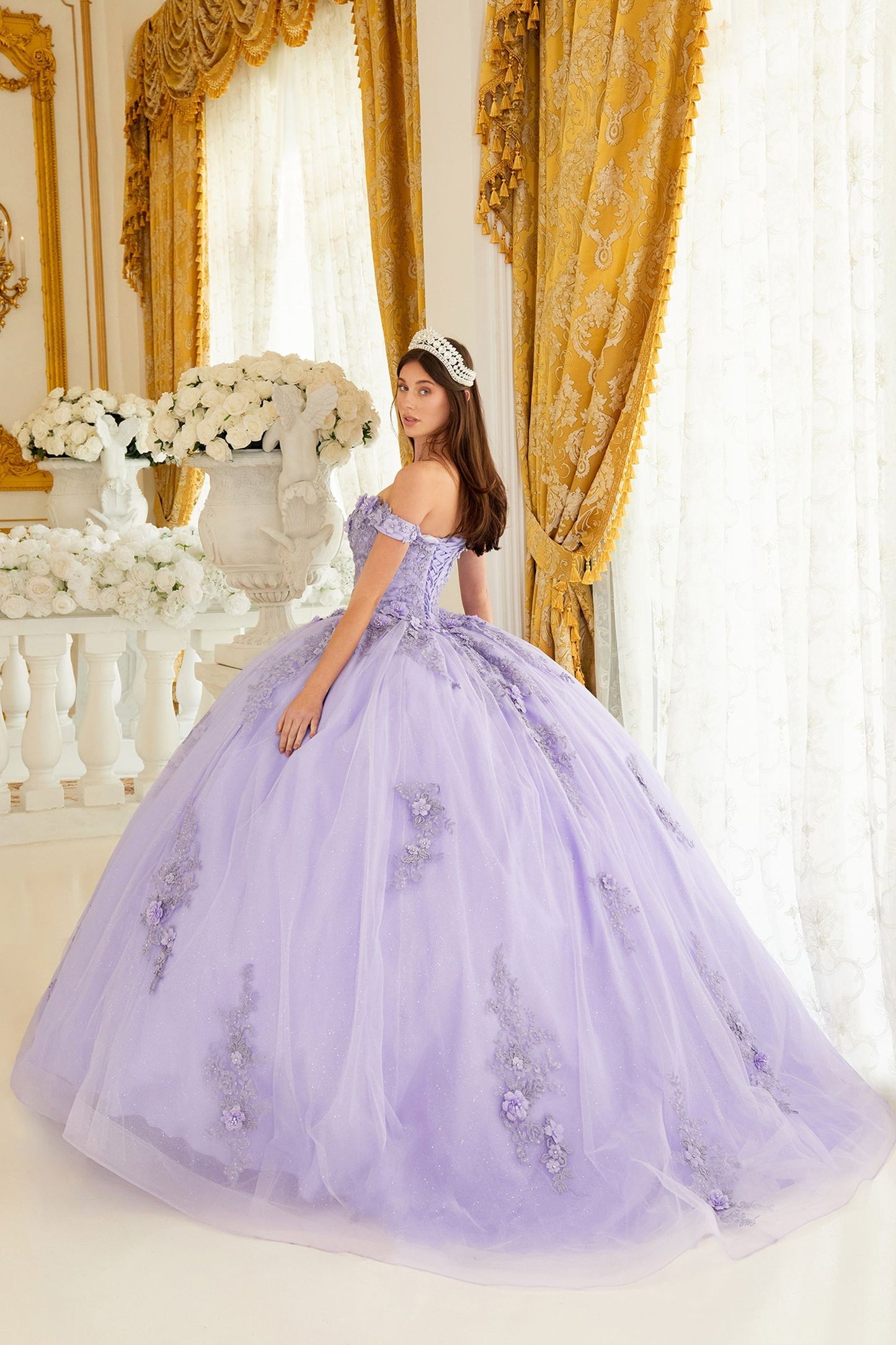 CD24-15702 OFF THE SHOULDER FLORAL QUINCE BALL GOWN