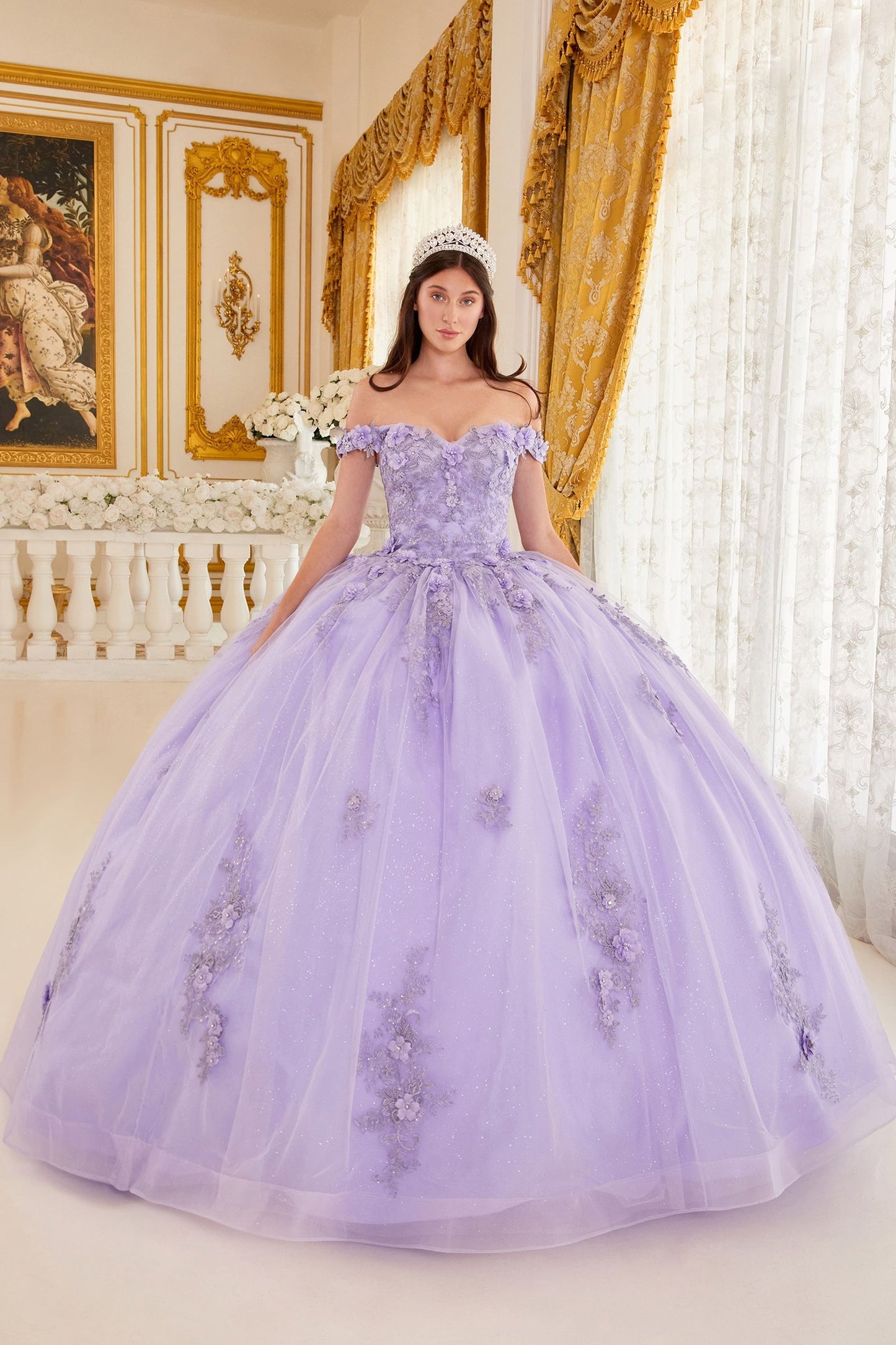 CD24-15702 OFF THE SHOULDER FLORAL QUINCE BALL GOWN