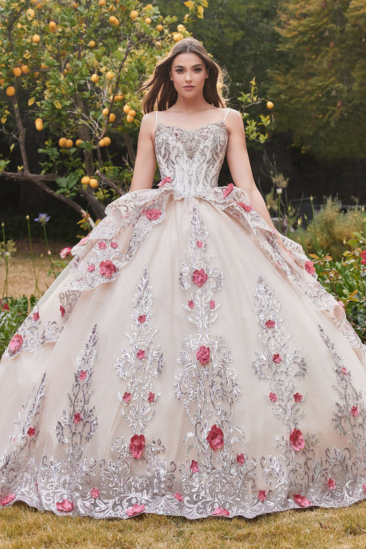 CD24-16703 LAYERED TULLE QUINCE BALL GOWN WITH FORAL APPLIQUE