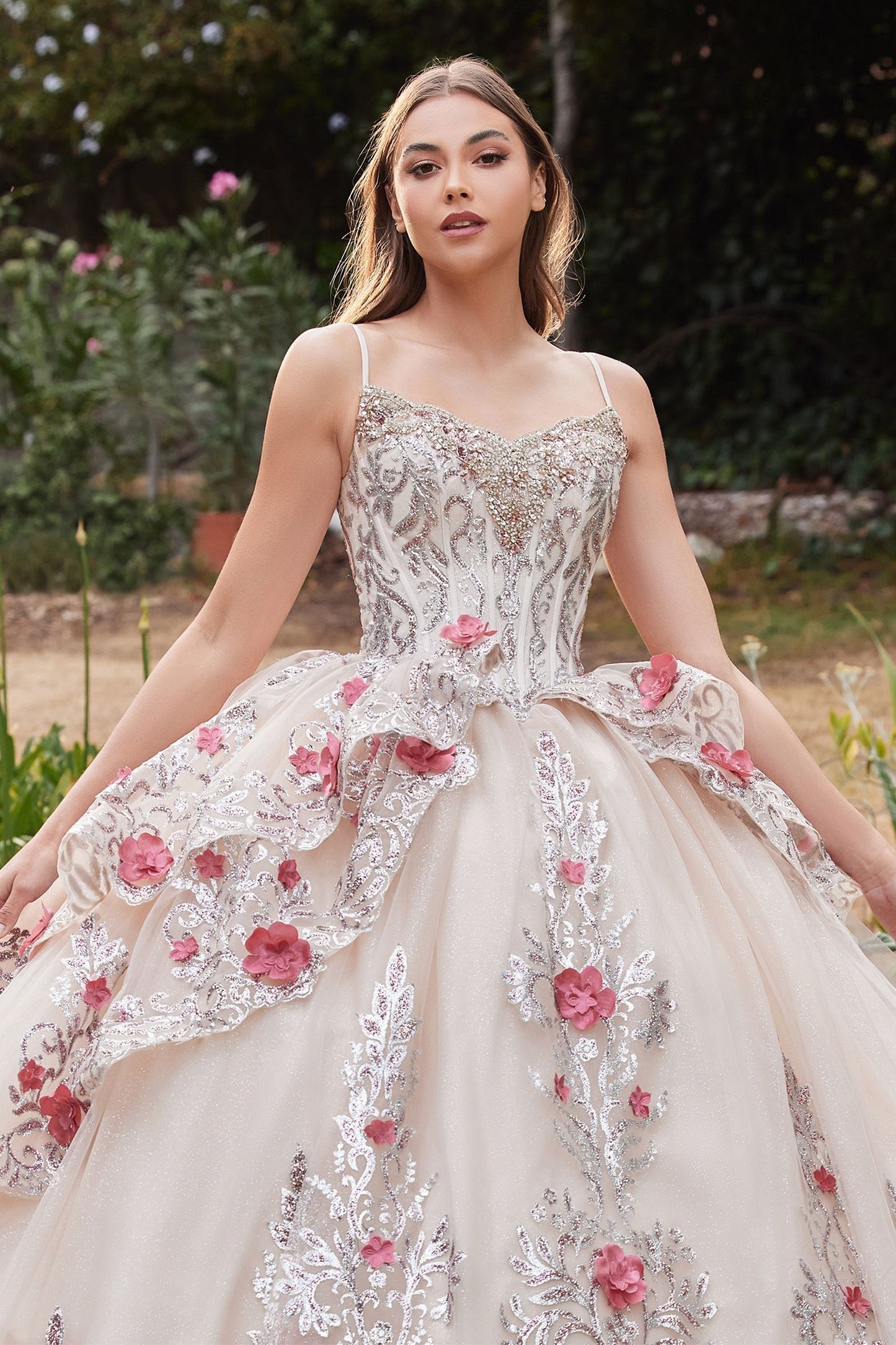 CD24-16703 LAYERED TULLE QUINCE BALL GOWN WITH FORAL APPLIQUE