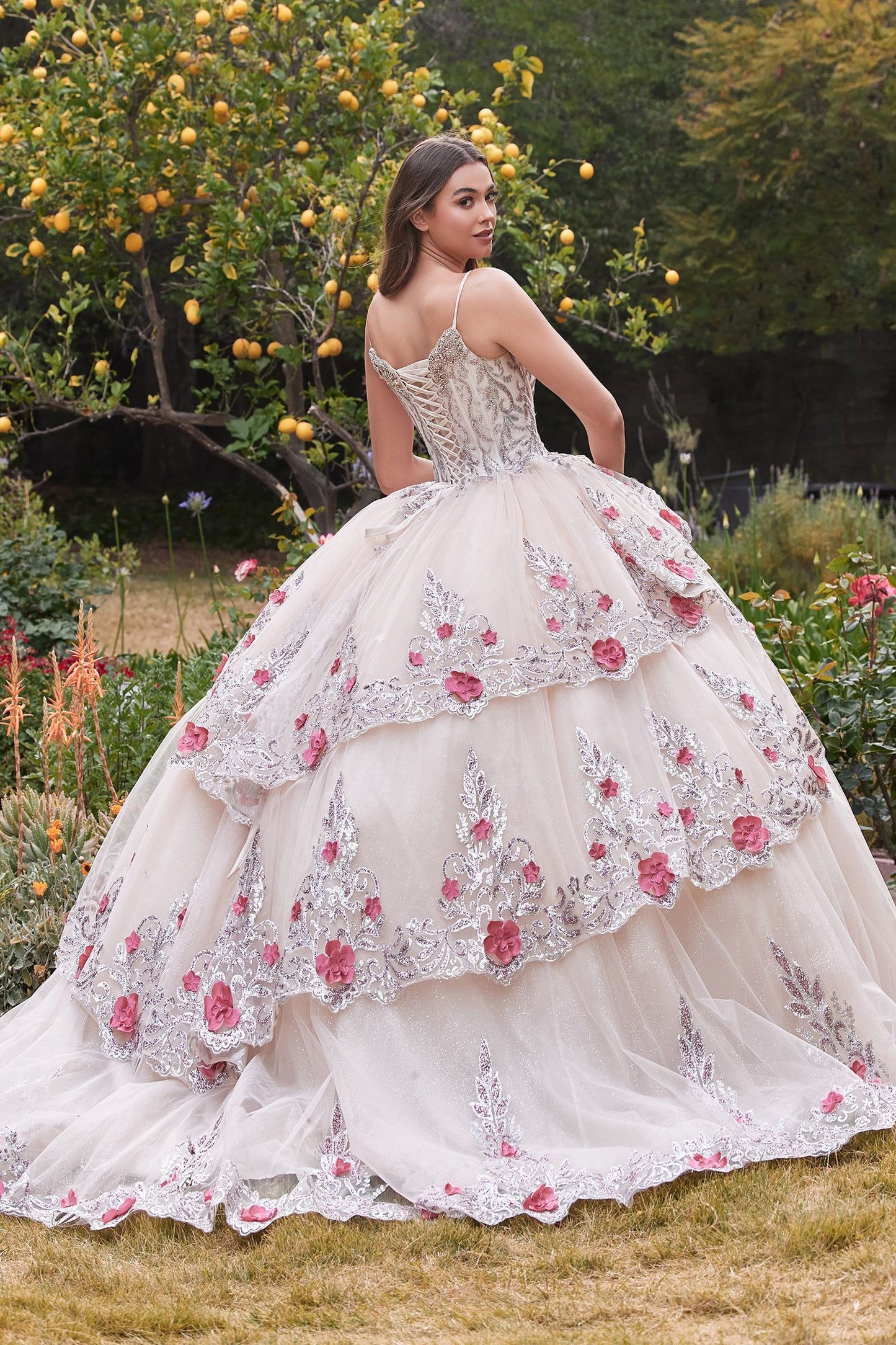 CD24-16703 LAYERED TULLE QUINCE BALL GOWN WITH FORAL APPLIQUE