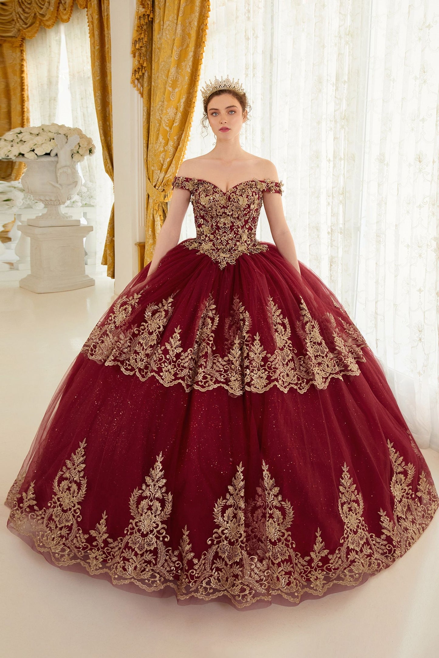 CD24-15705 LAYERED LACE QUINCEANERA BALL GOWN