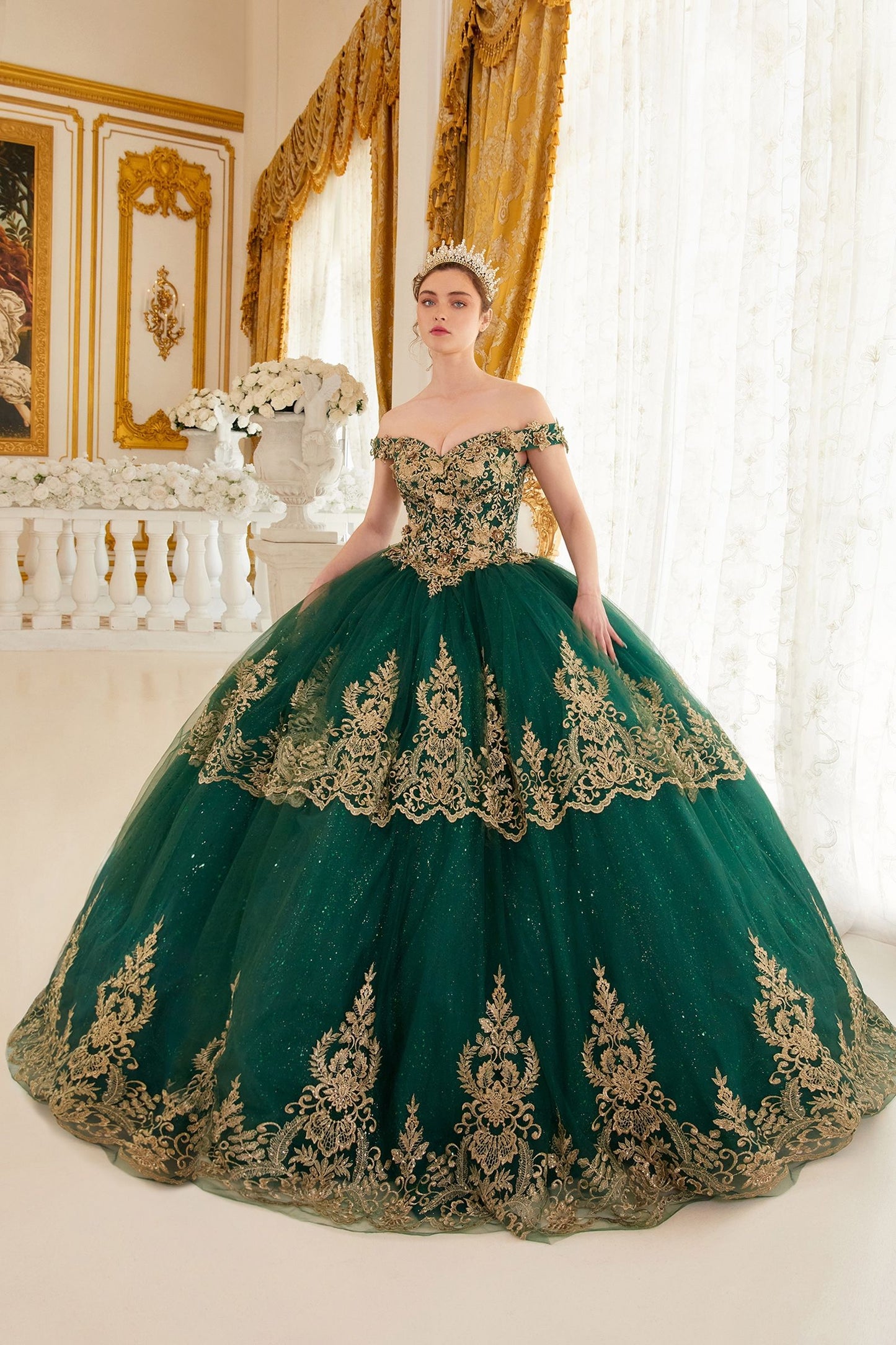 CD24-15705 LAYERED LACE QUINCEANERA BALL GOWN