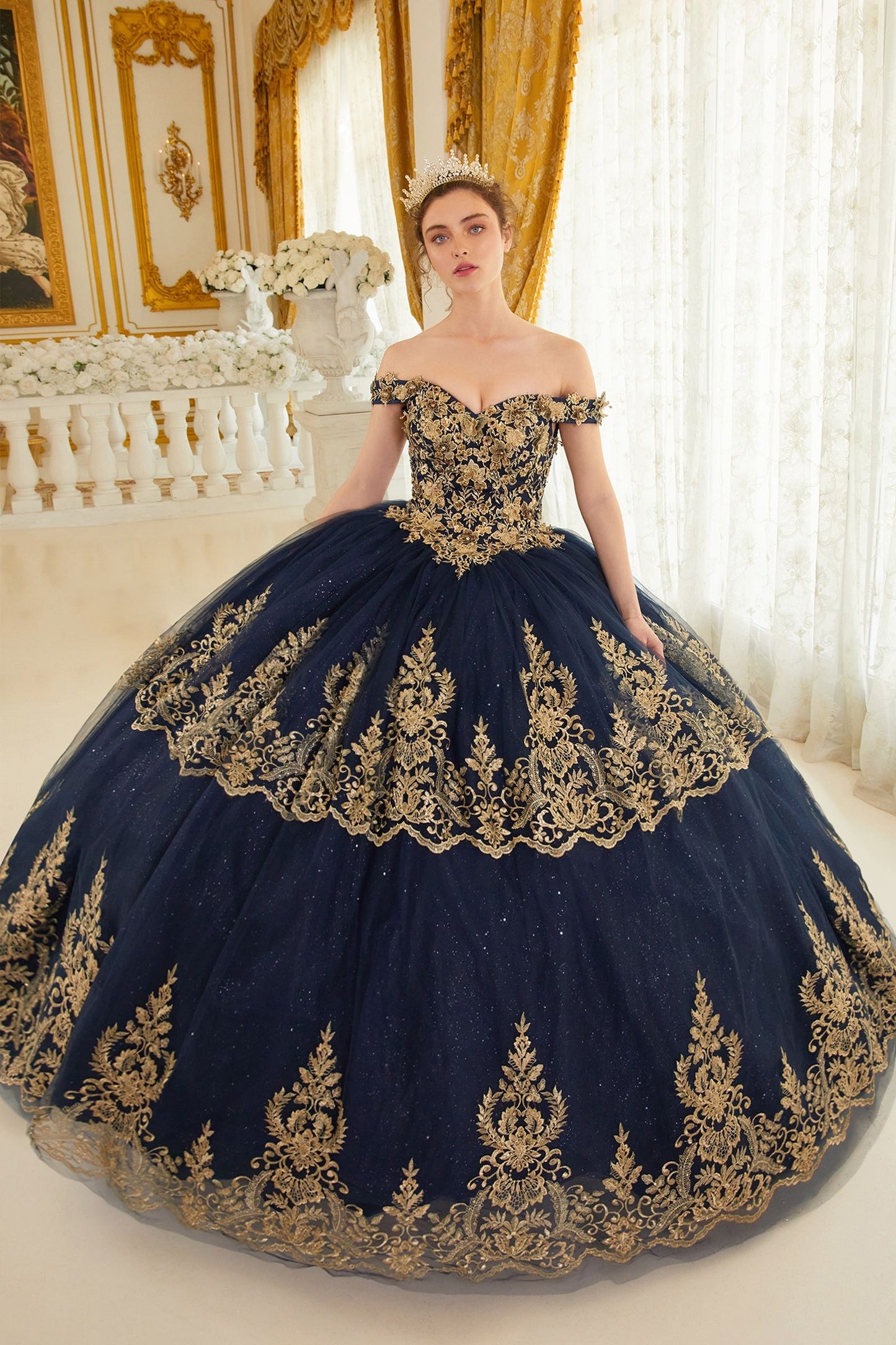 CD24-15705 LAYERED LACE QUINCEANERA BALL GOWN