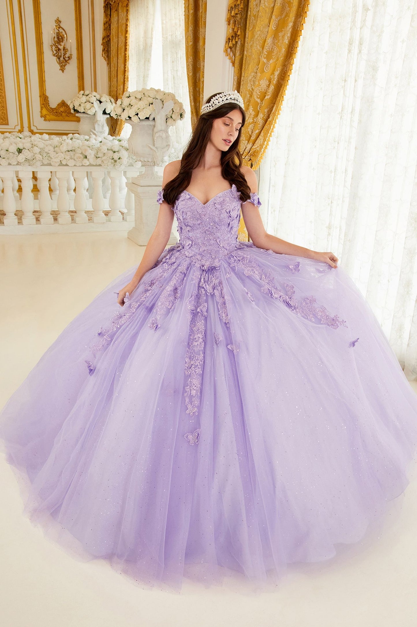 CD24-15709 LAYERED TULLE BALL GOWN WITH LACE BUTTERFLY APPLIQUE