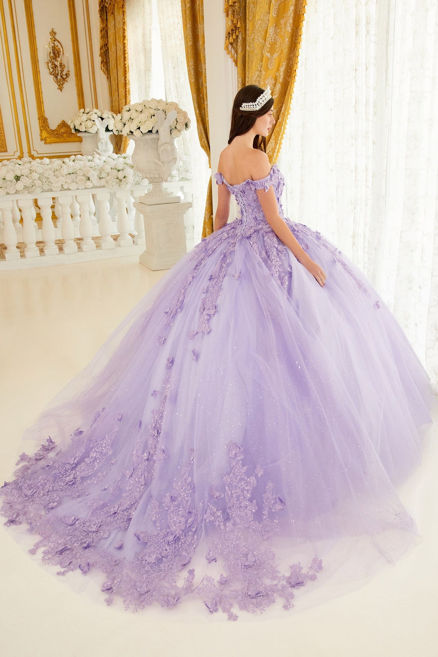 CD24-15709 LAYERED TULLE BALL GOWN WITH LACE BUTTERFLY APPLIQUE