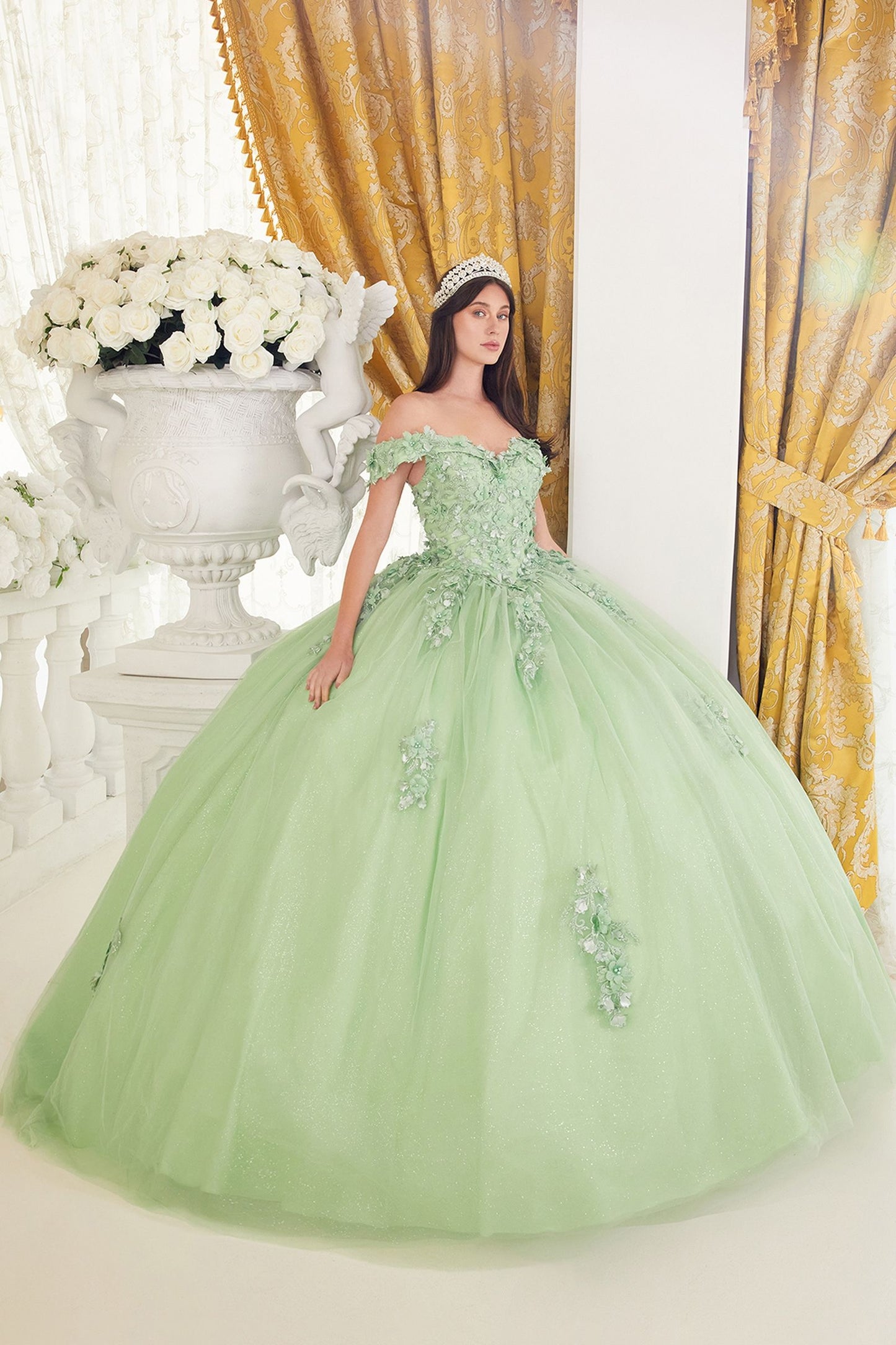 CD24-15710 LACE OFF THE SHOULDER LAYERED TULLE BALL GOWN