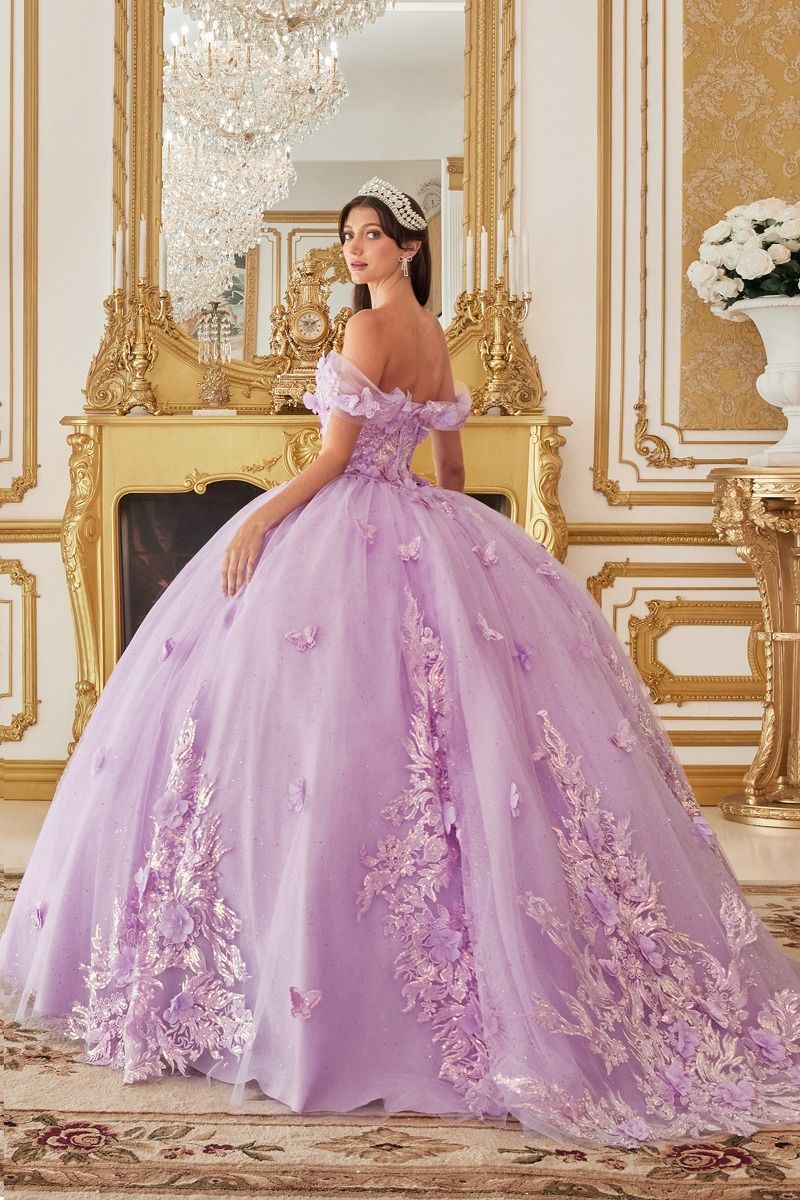 CD24-15713 OFF THE SHOULDER FLORAL APPLIQUED BALL GOWN