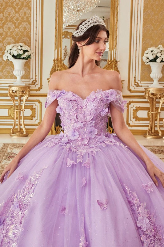 CD24-15713 OFF THE SHOULDER FLORAL APPLIQUED BALL GOWN