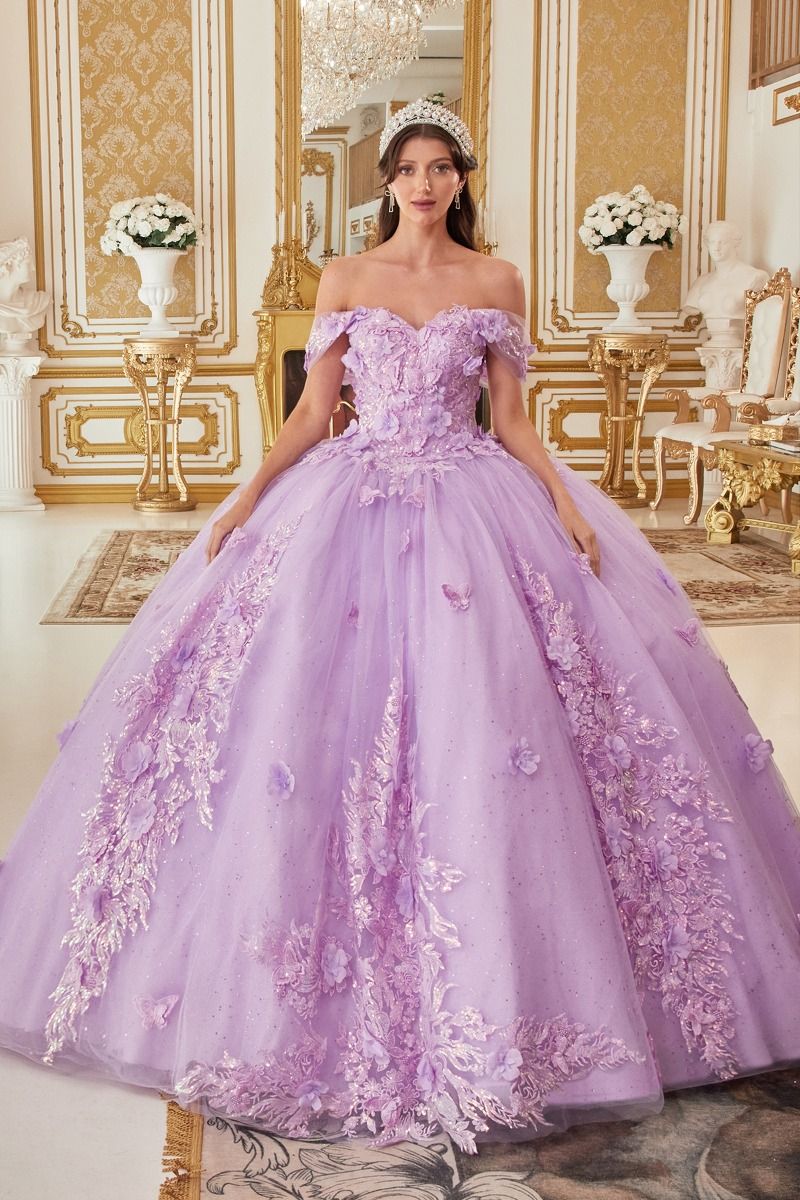 CD24-15713 OFF THE SHOULDER FLORAL APPLIQUED BALL GOWN