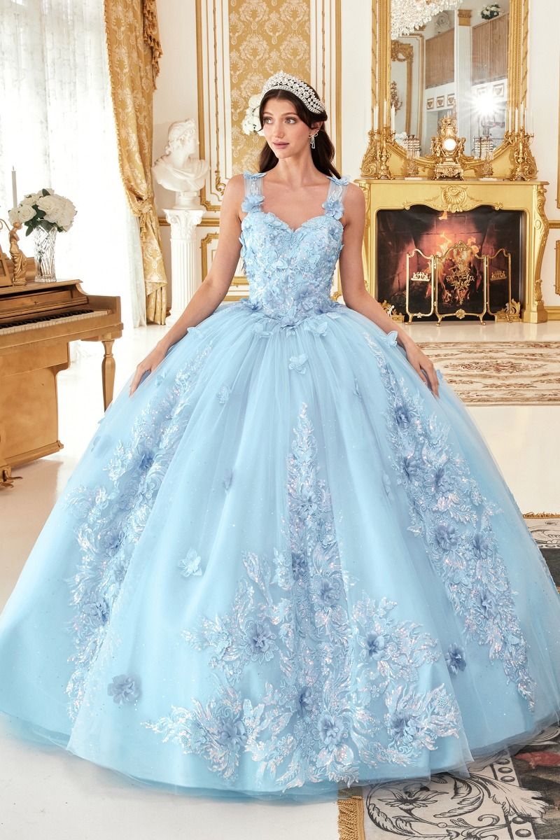 CD24-15713 OFF THE SHOULDER FLORAL APPLIQUED BALL GOWN