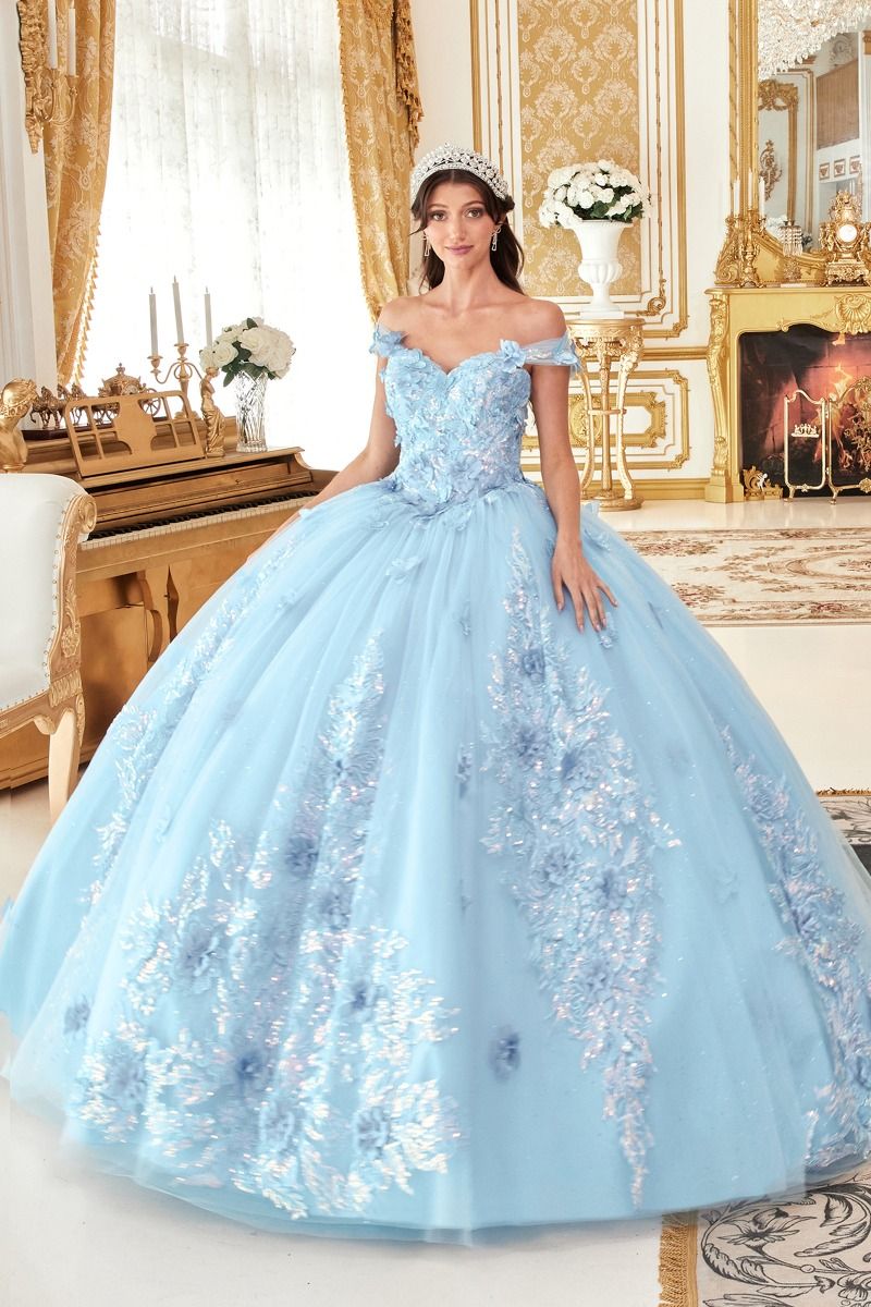 CD24-15713 OFF THE SHOULDER FLORAL APPLIQUED BALL GOWN