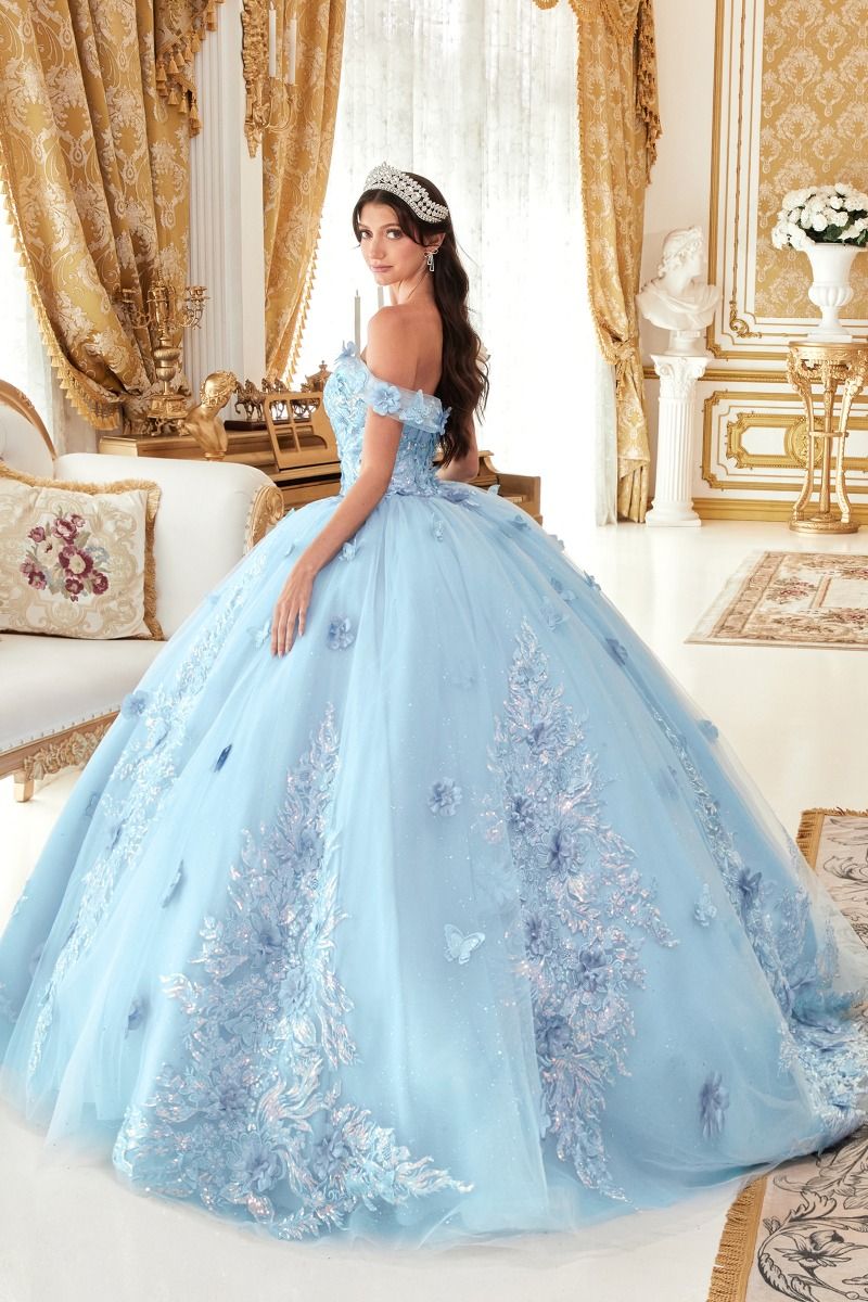 CD24-15713 OFF THE SHOULDER FLORAL APPLIQUED BALL GOWN