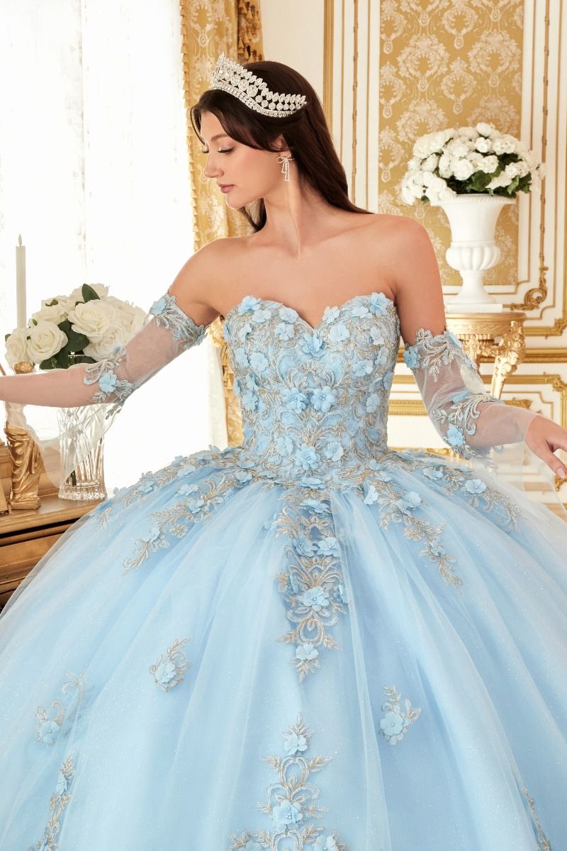 CD24-15714 LAYERED TULLE BALL GOWN WITH FLORAL APPLIQUE