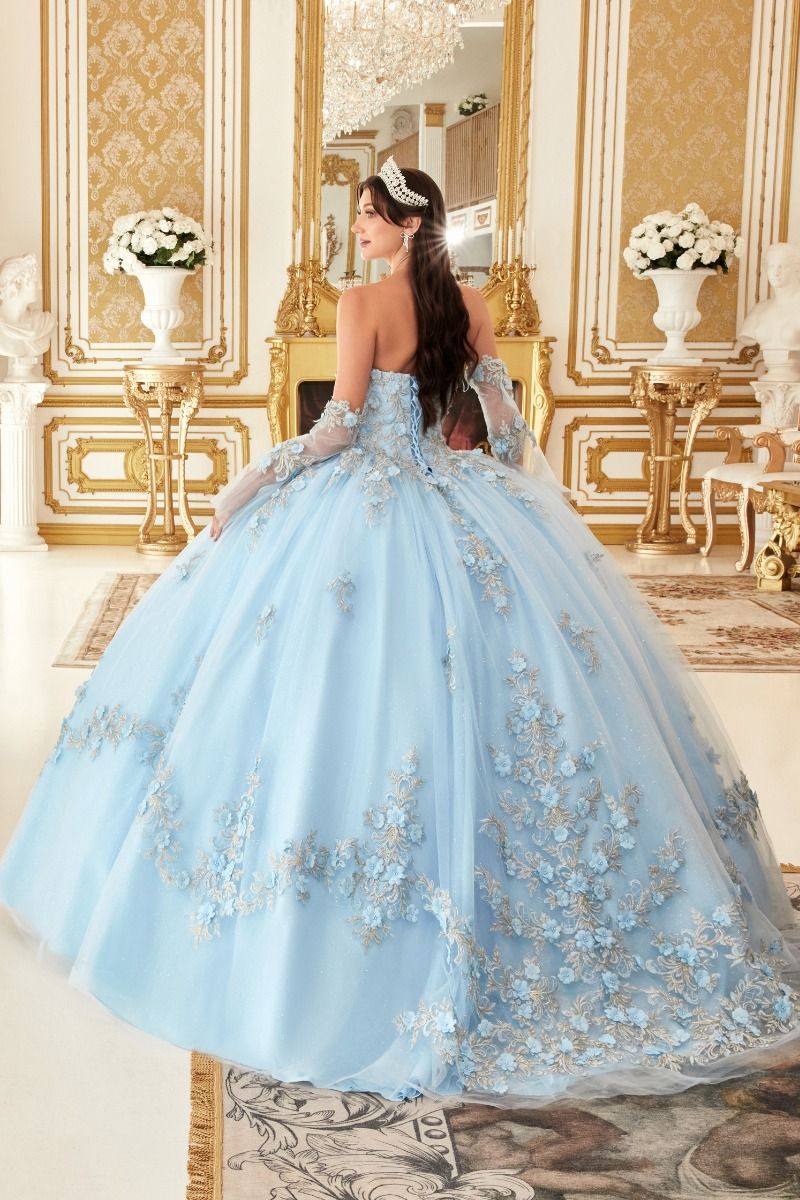 CD24-15714 LAYERED TULLE BALL GOWN WITH FLORAL APPLIQUE