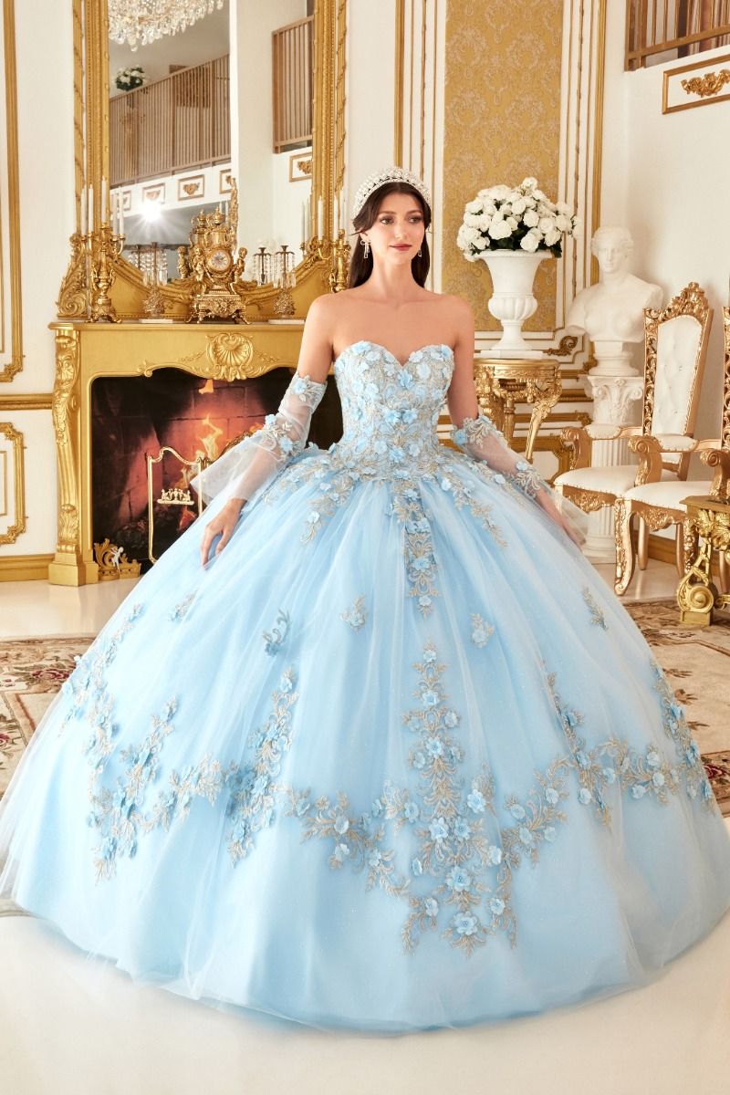 CD24-15714 LAYERED TULLE BALL GOWN WITH FLORAL APPLIQUE