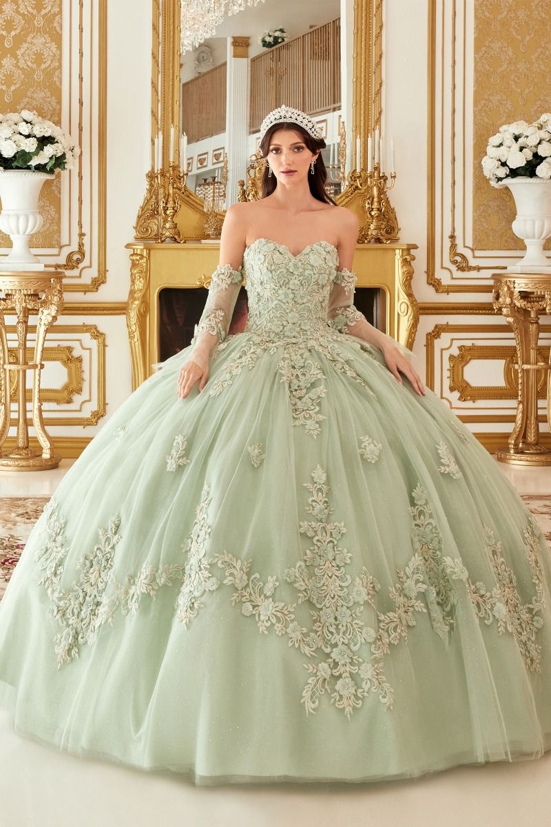 CD24-15714 LAYERED TULLE BALL GOWN WITH FLORAL APPLIQUE