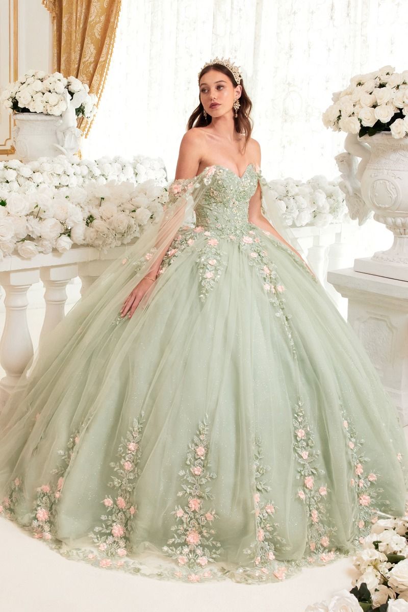 CD24-15716 SAGE BALL GOWN WITH BLUSH FLORAL DETAILS