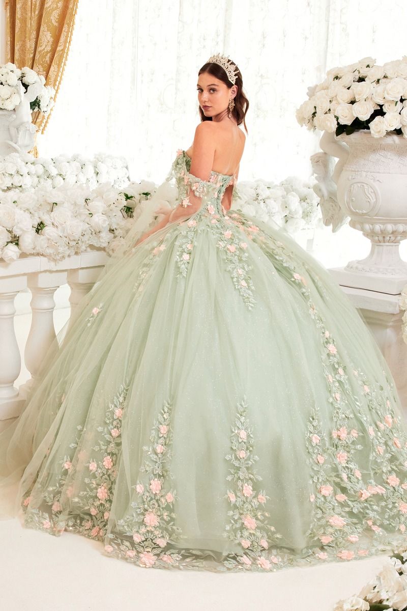 CD24-15716 SAGE BALL GOWN WITH BLUSH FLORAL DETAILS