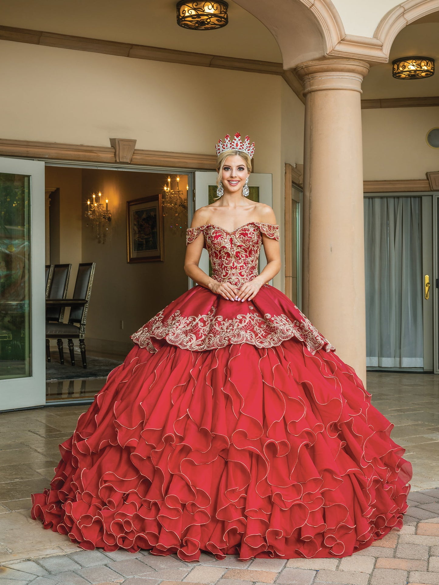 DQ25-1599 OFF-THE-SHOULDER BALL GOWN WITH BEADED EMBROIDERY AND CASCADING RUFFLE SKIRT