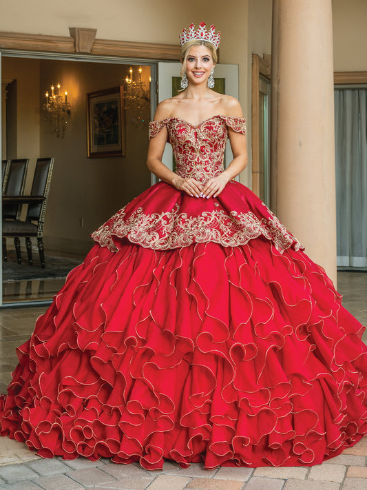 DQ25-1599 OFF-THE-SHOULDER BALL GOWN WITH BEADED EMBROIDERY AND CASCADING RUFFLE SKIRT
