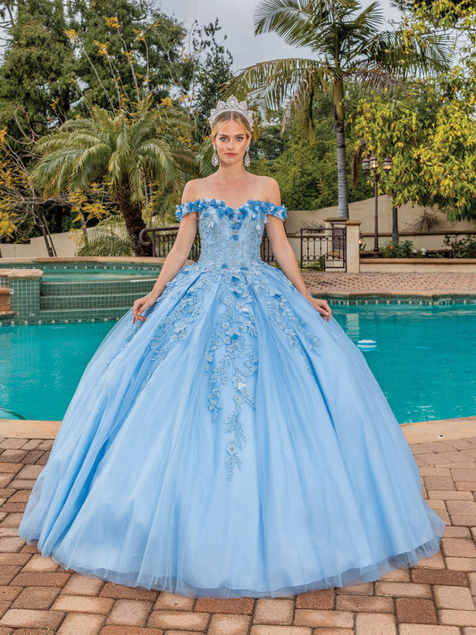 DQ25-1620 OFF-THE-SHOULDER BALL GOWN WITH FLORAL LACE APPLIQUES