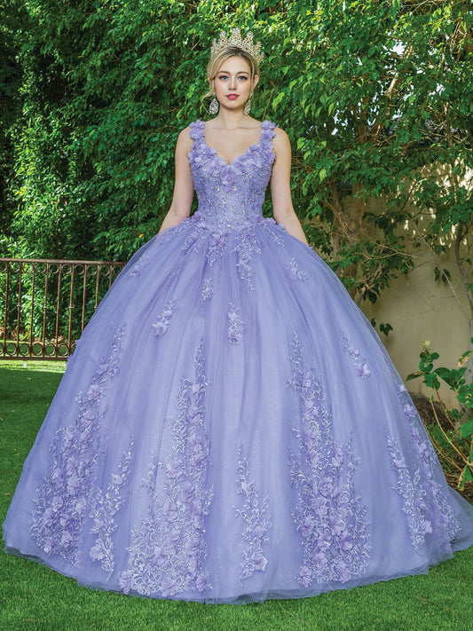 DQ25-1623 V-NECK BALL GOWN WITH FLORAL APPLIQUE EMBELLISHMENTS