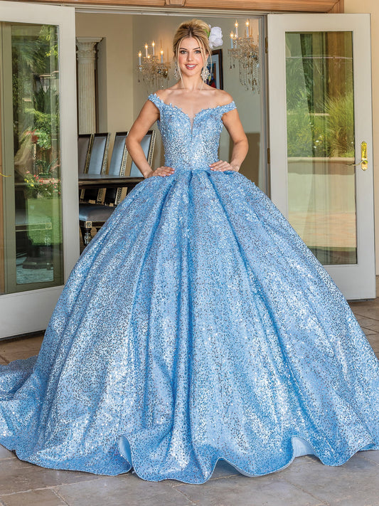 DQ25-1624 OFF-SHOULDER GLITTER-EMBELLISHED BALL GOWN WITH SEQUIN LACE