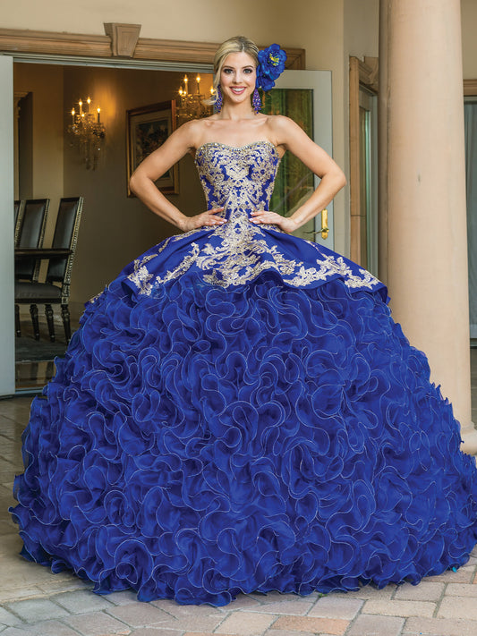 DQ25-1634 SLEEVELESS BALL GOWN WITH BEADED BODICE AND CASCADING ORGANZA RUFFLE SKIRT