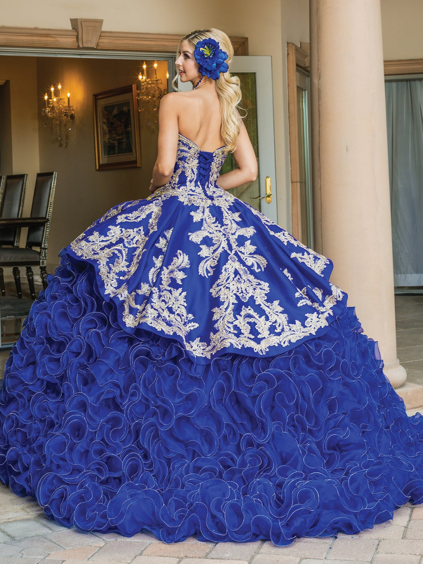 DQ25-1634 SLEEVELESS BALL GOWN WITH BEADED BODICE AND CASCADING ORGANZA RUFFLE SKIRT