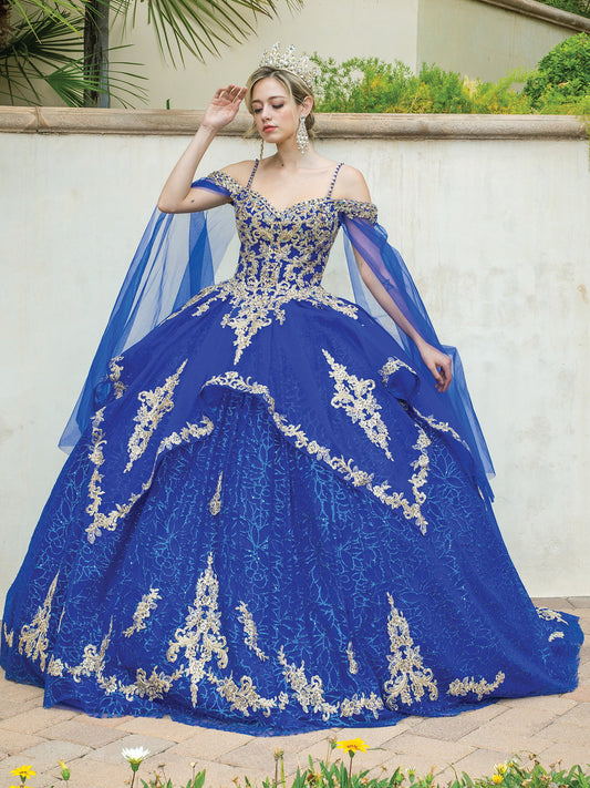DQ25-1638 COLD-SHOULDER LACE APPLIQUE BALL GOWN WITH BEADED DETAILING AND SHEER OVERLAY