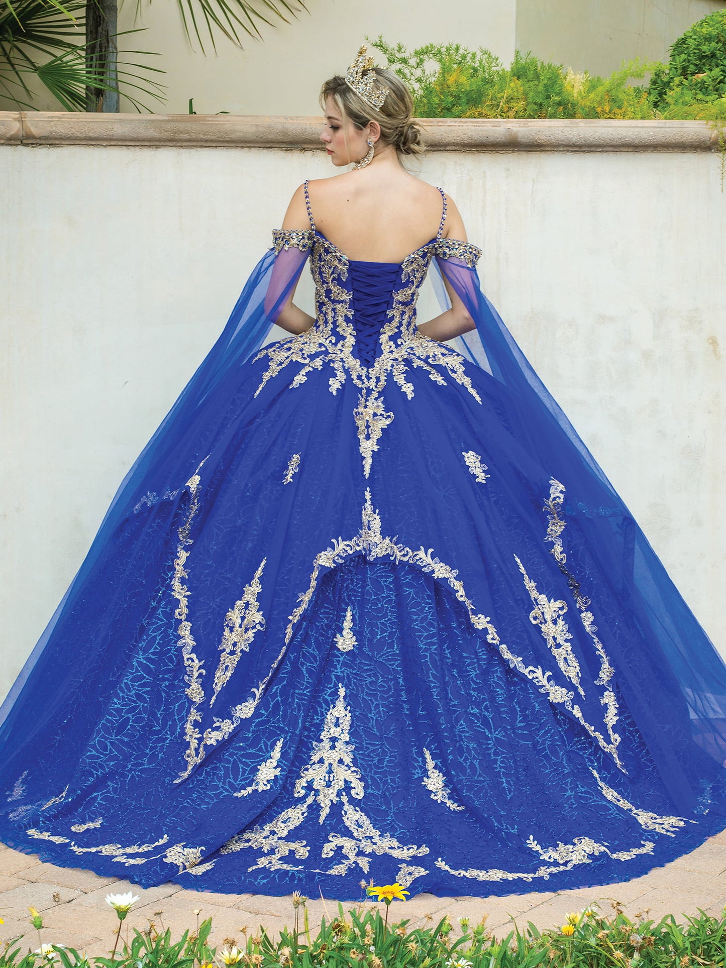 DQ25-1638 COLD-SHOULDER LACE APPLIQUE BALL GOWN WITH BEADED DETAILING AND SHEER OVERLAY